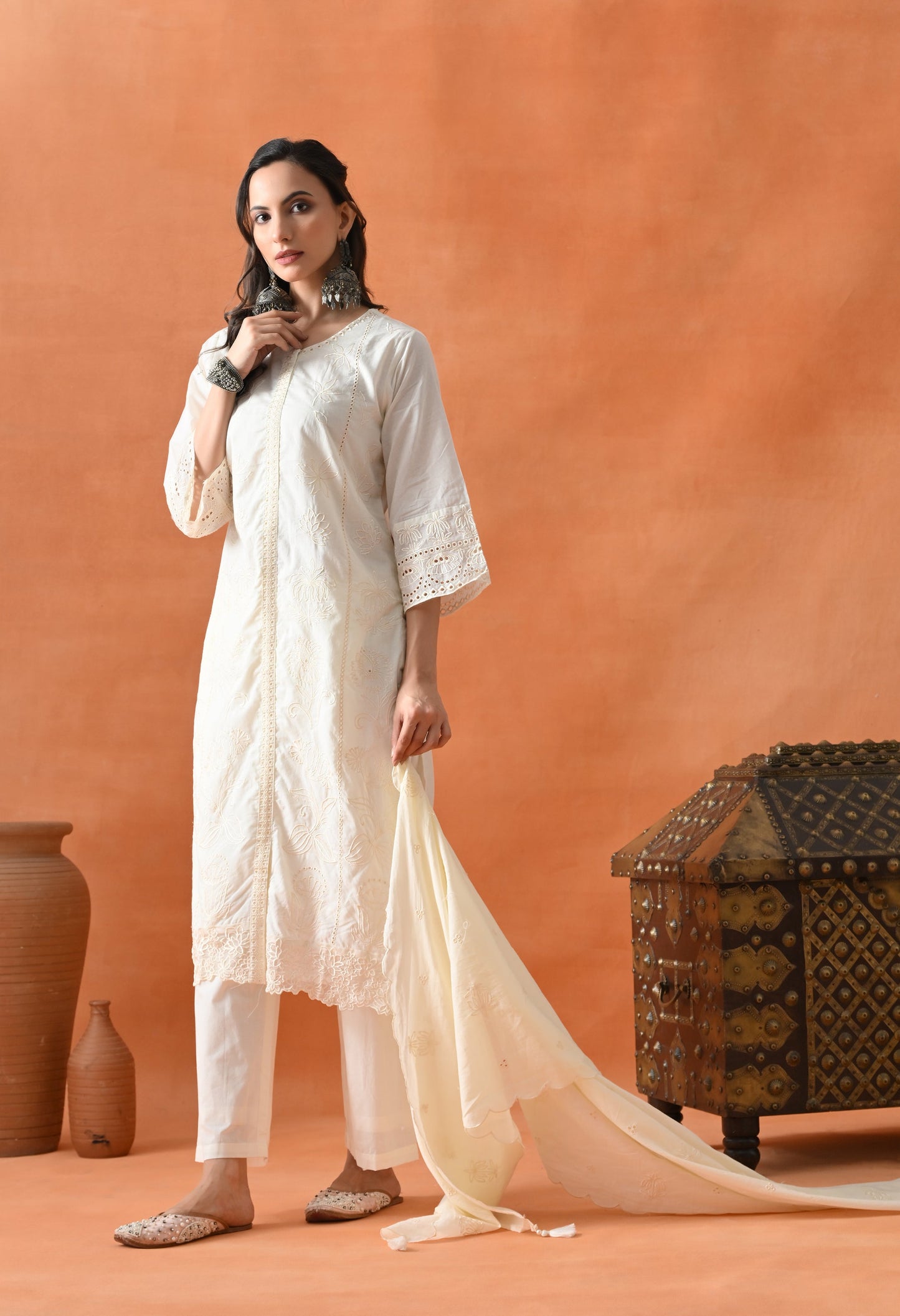 Cream Thread Work Palazzo Suit