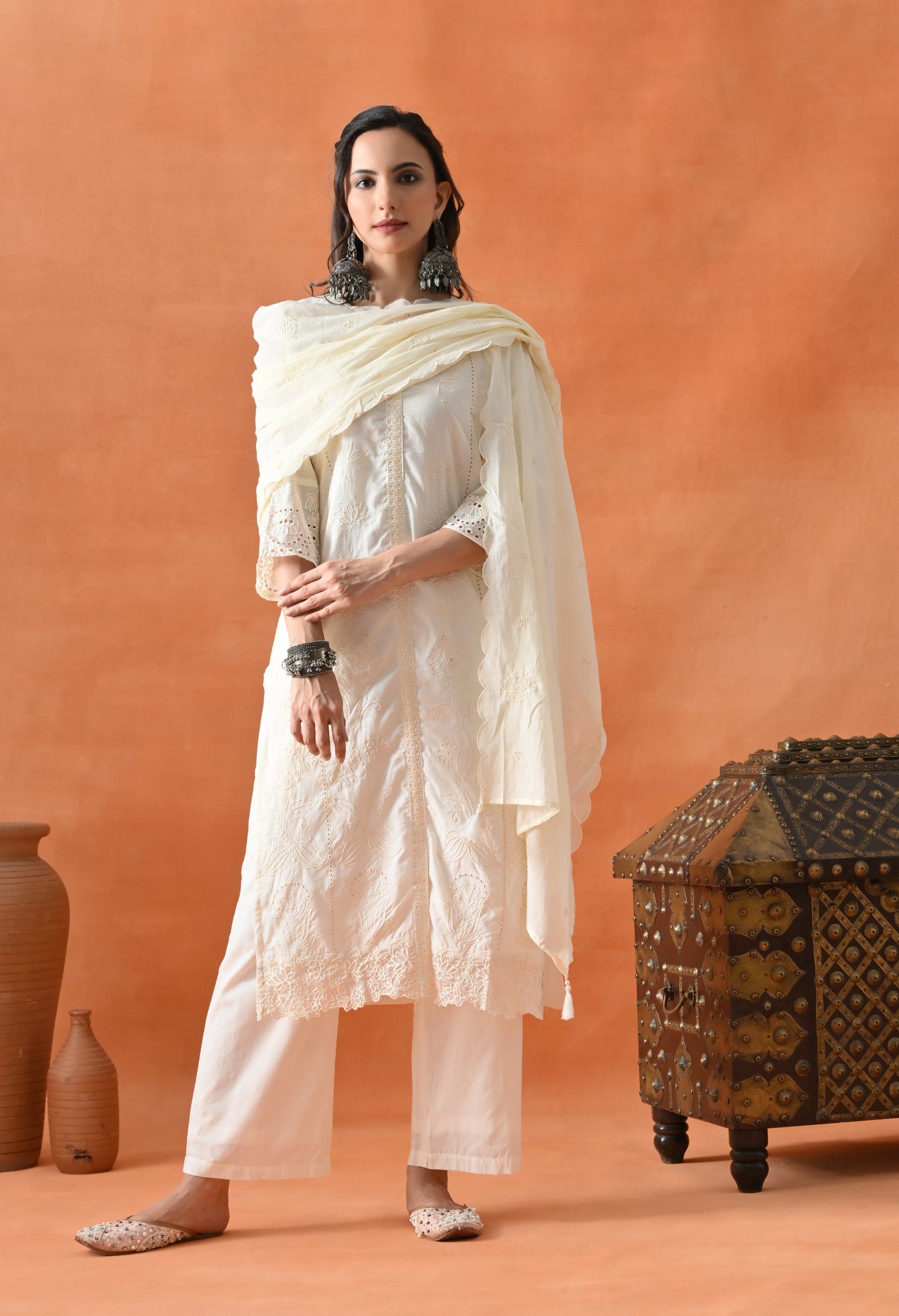 Cream Thread Work Palazzo Suit