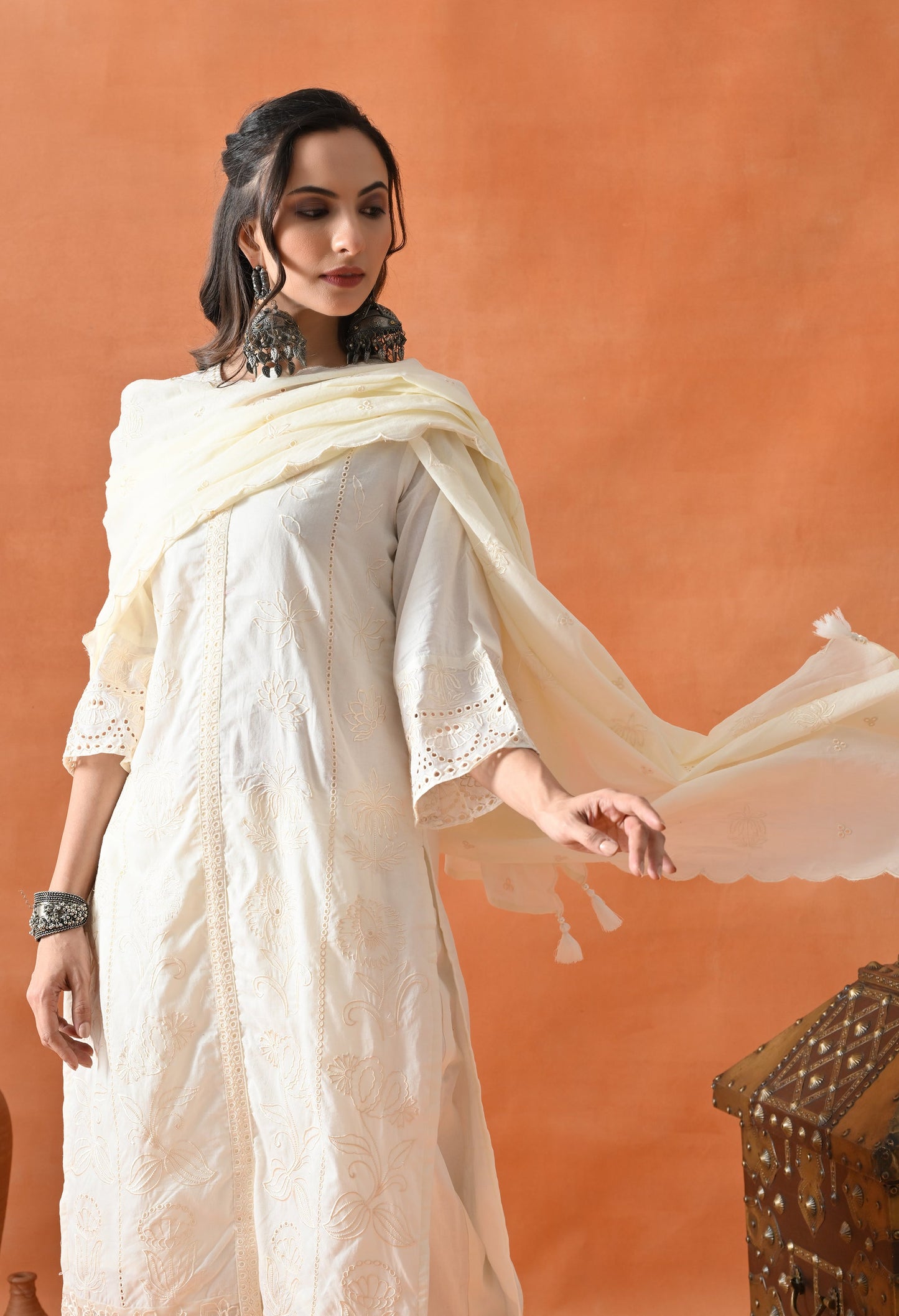 Cream Thread Work Palazzo Suit