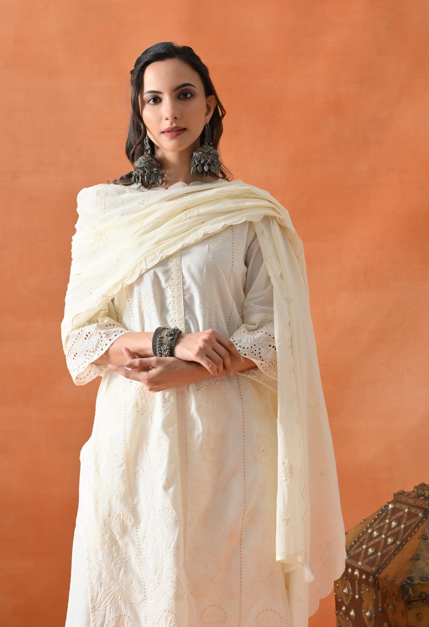 Cream Thread Work Palazzo Suit