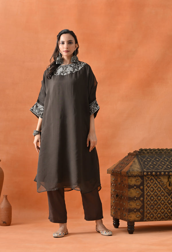 Dark Brown Pearl Work Kaftan For Woman