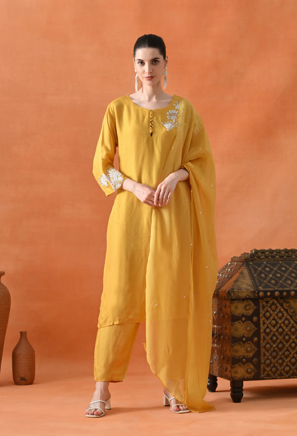 Yellow Silk Pearl Work Suit