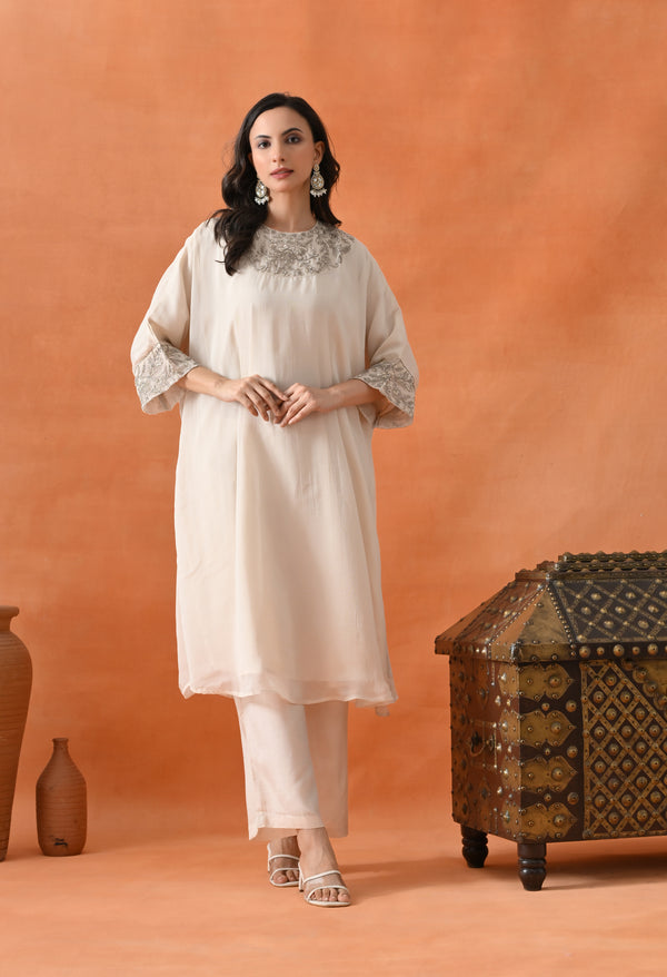 Cream Shine Pearl Kaftan Set For Woman