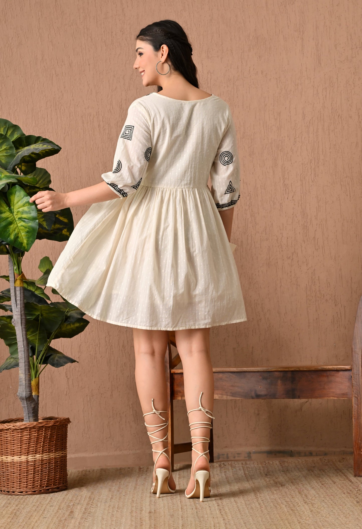 Enchanting Off-White Cotton Midi Frock