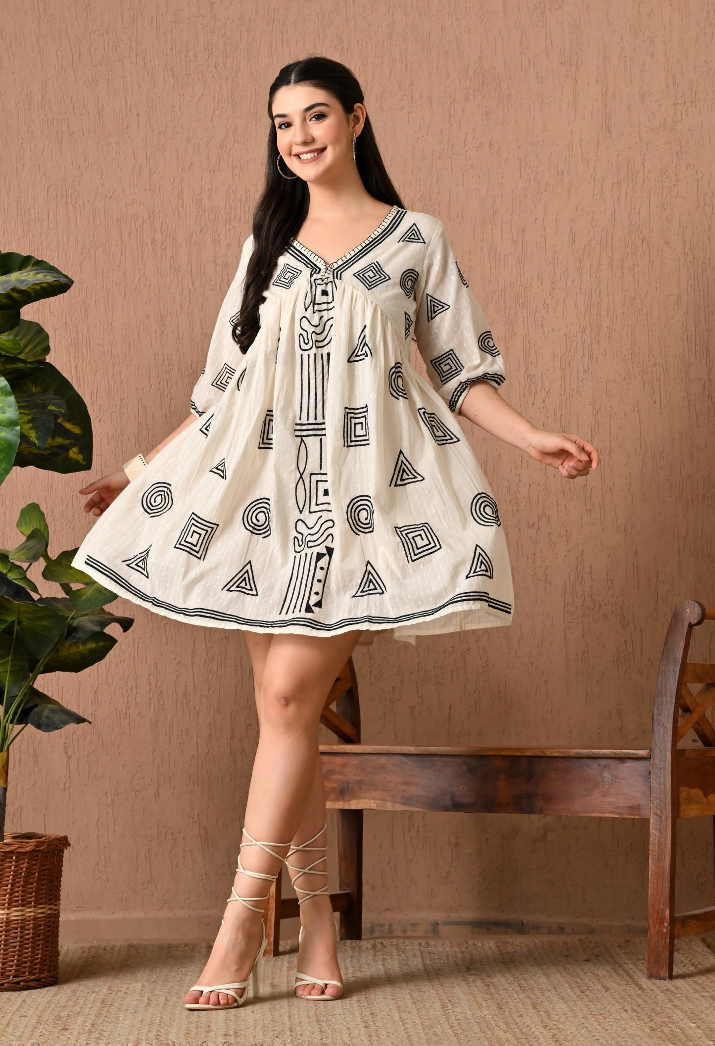 Enchanting Off-White Cotton Midi Frock