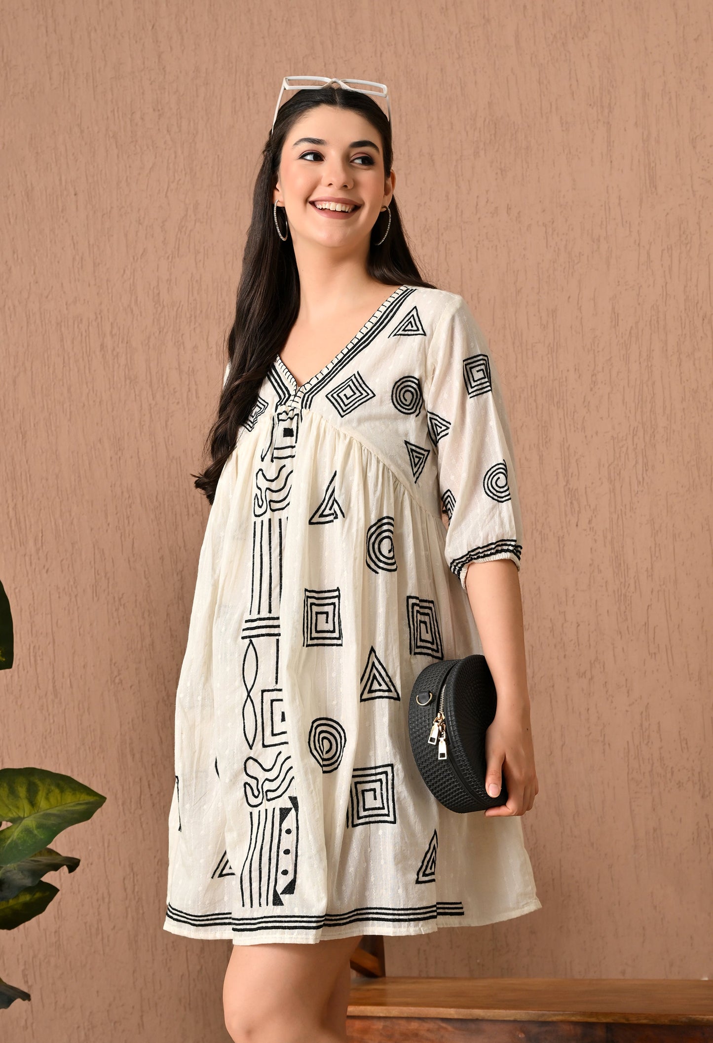 Enchanting Off-White Cotton Midi Frock