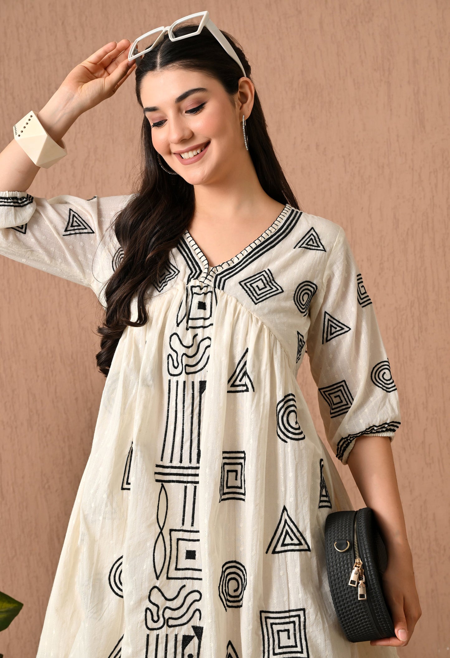 Enchanting Off-White Cotton Midi Frock