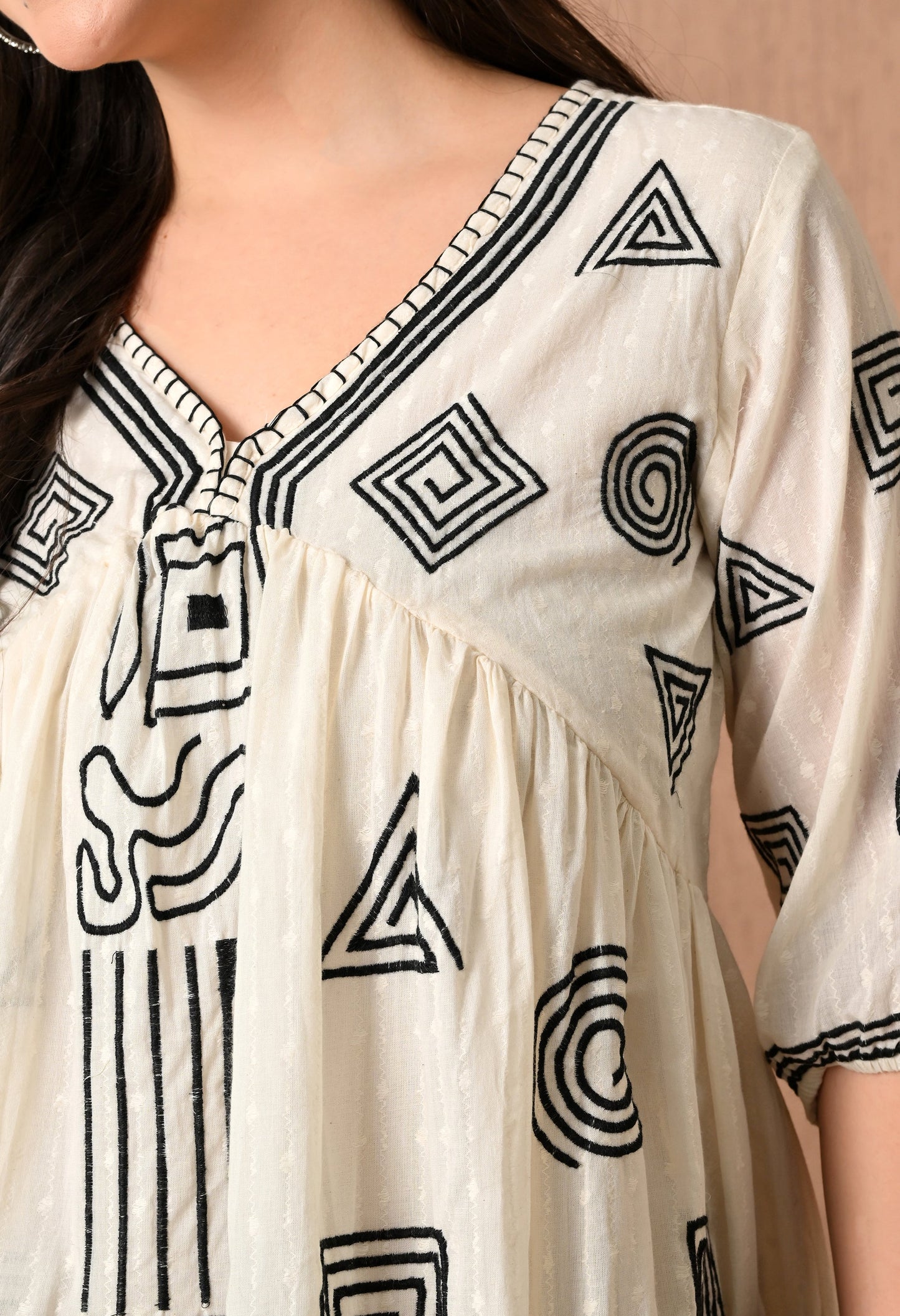 Enchanting Off-White Cotton Midi Frock