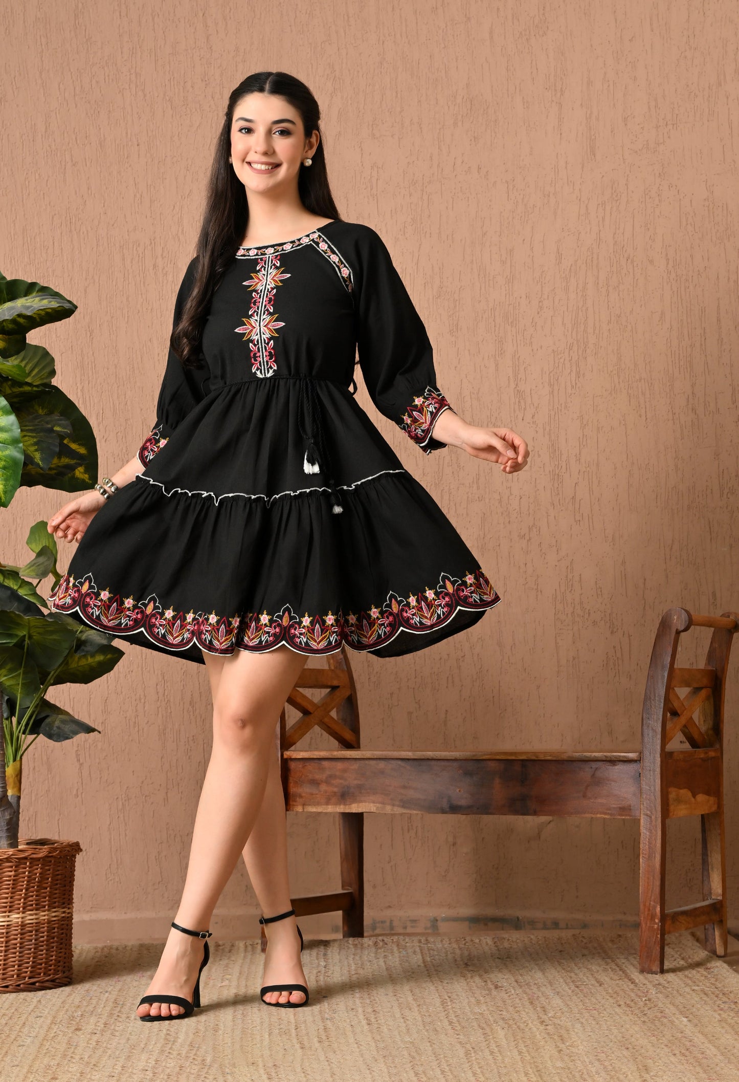 Elegant Black Cotton Frock Midi Dress