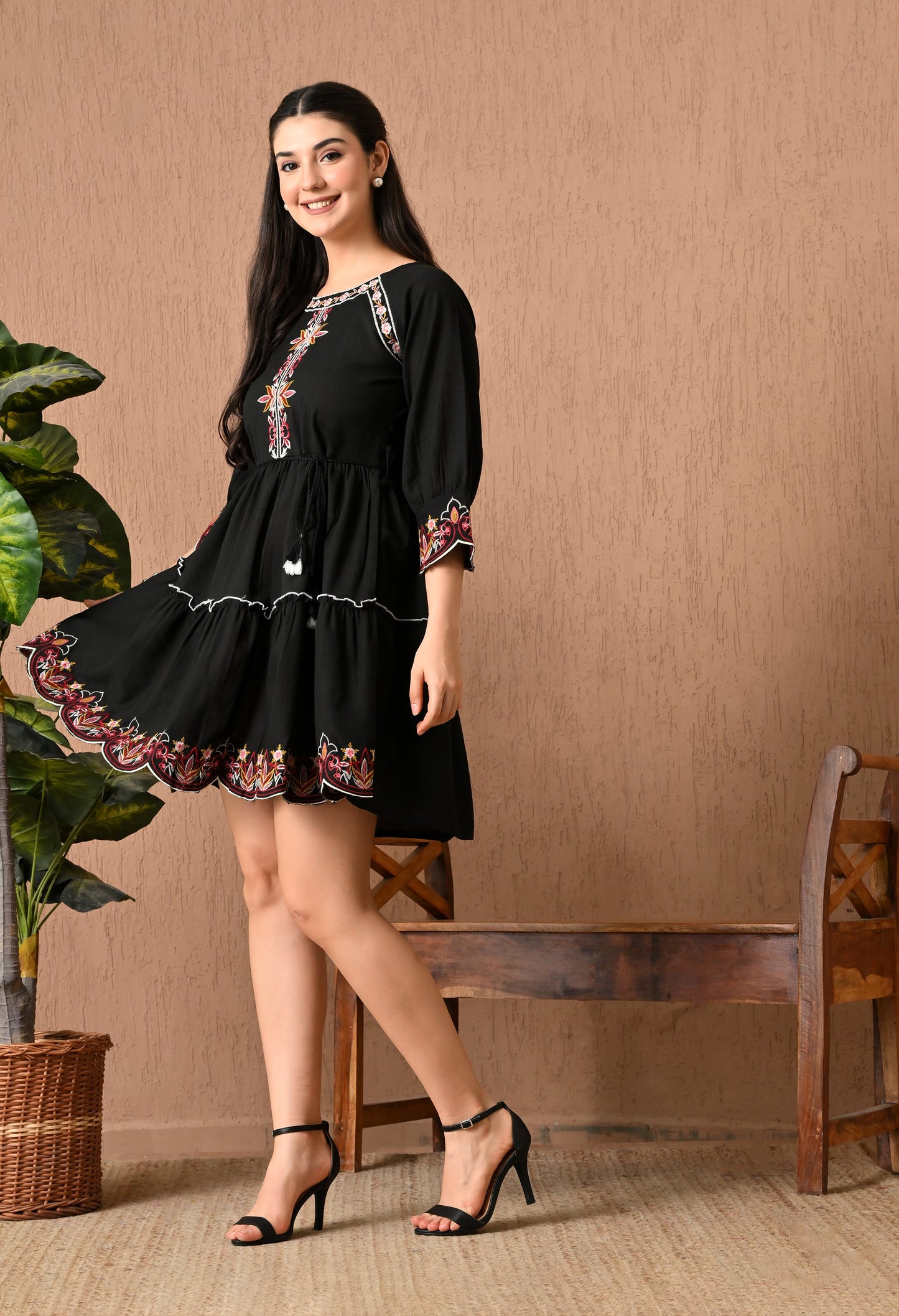 Elegant Black Cotton Frock Midi Dress