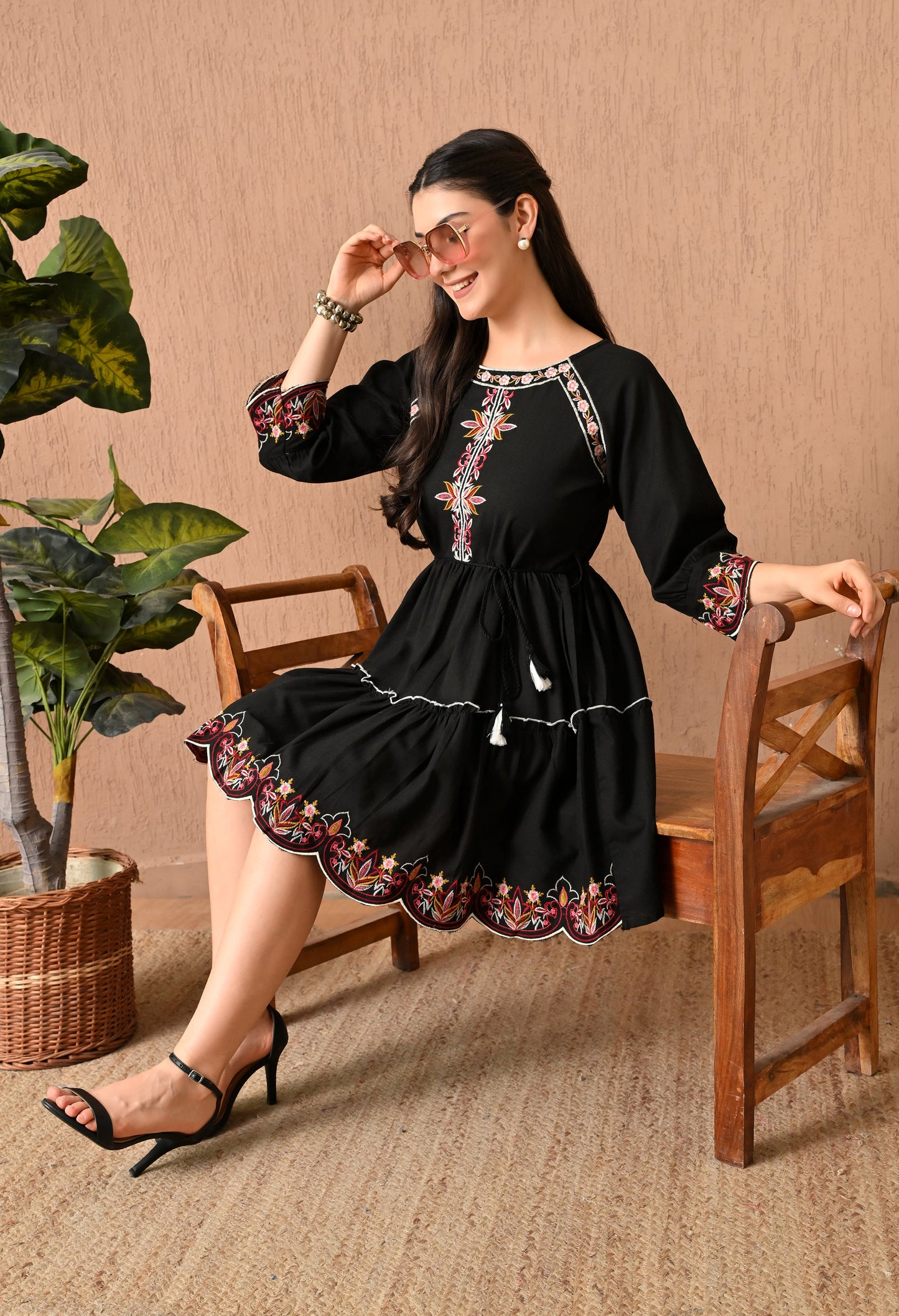 Elegant Black Cotton Frock Midi Dress