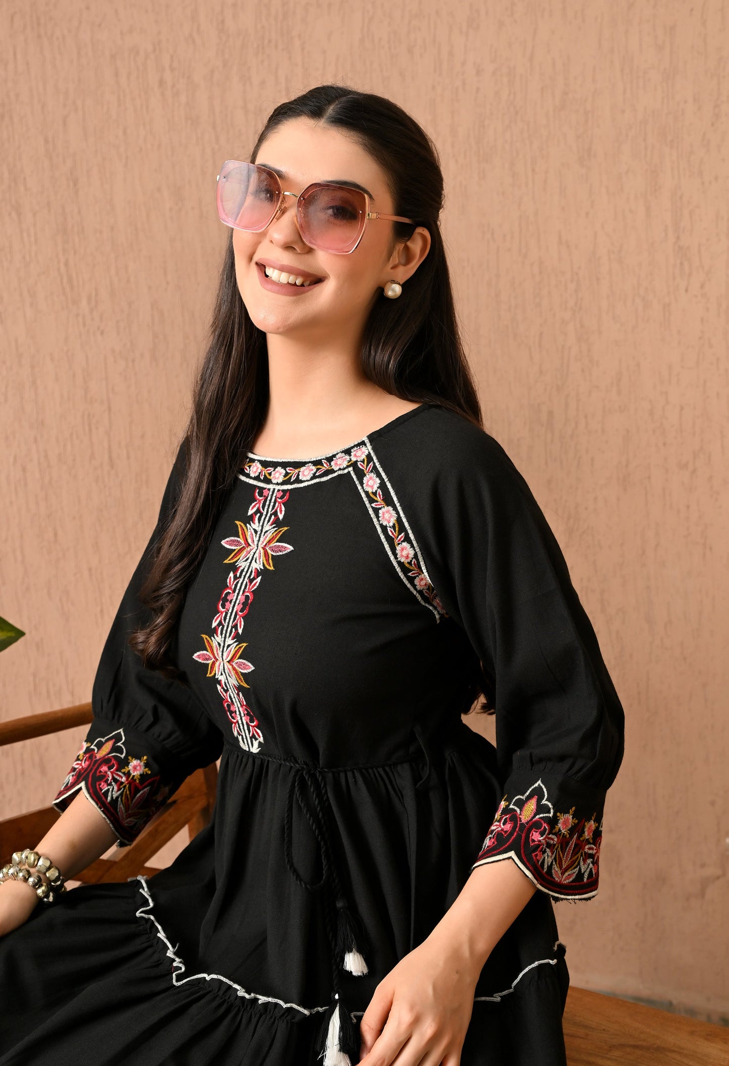 Elegant Black Cotton Frock Midi Dress