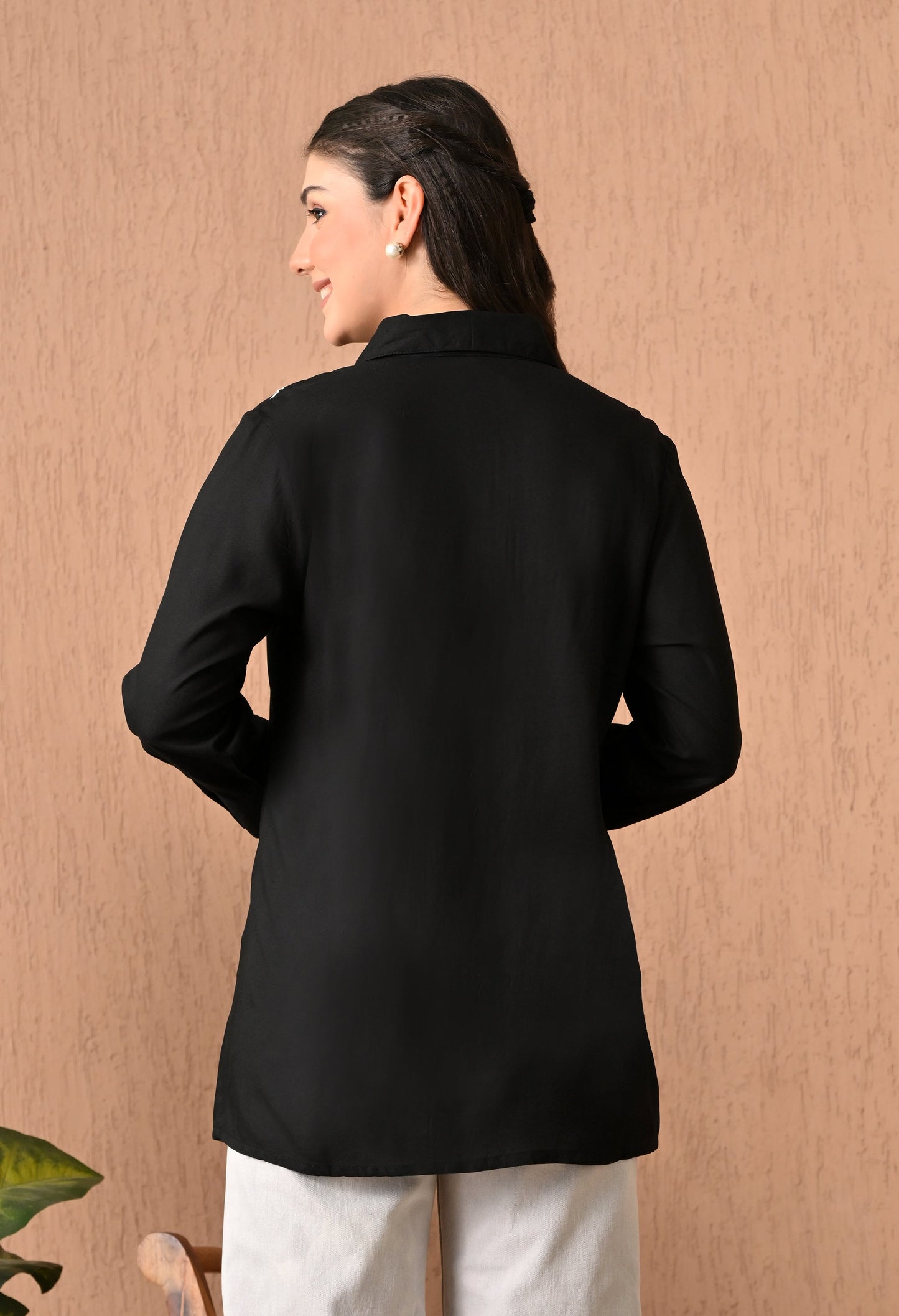 Elegant Black Cotton Thread Work Shirt