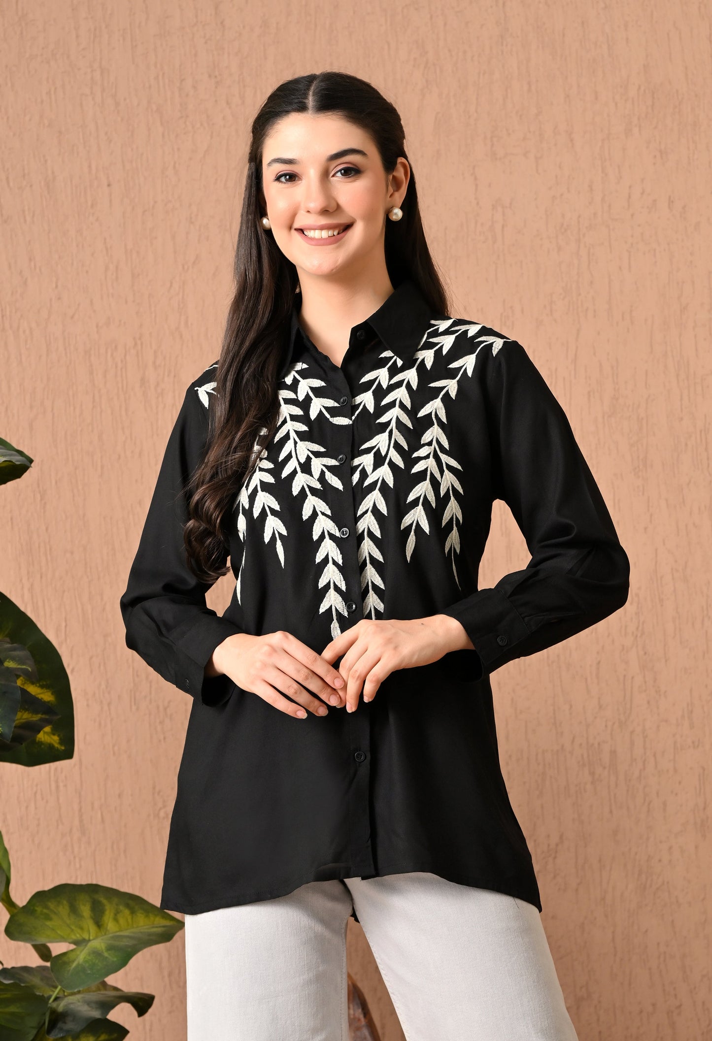 Elegant Black Cotton Thread Work Shirt