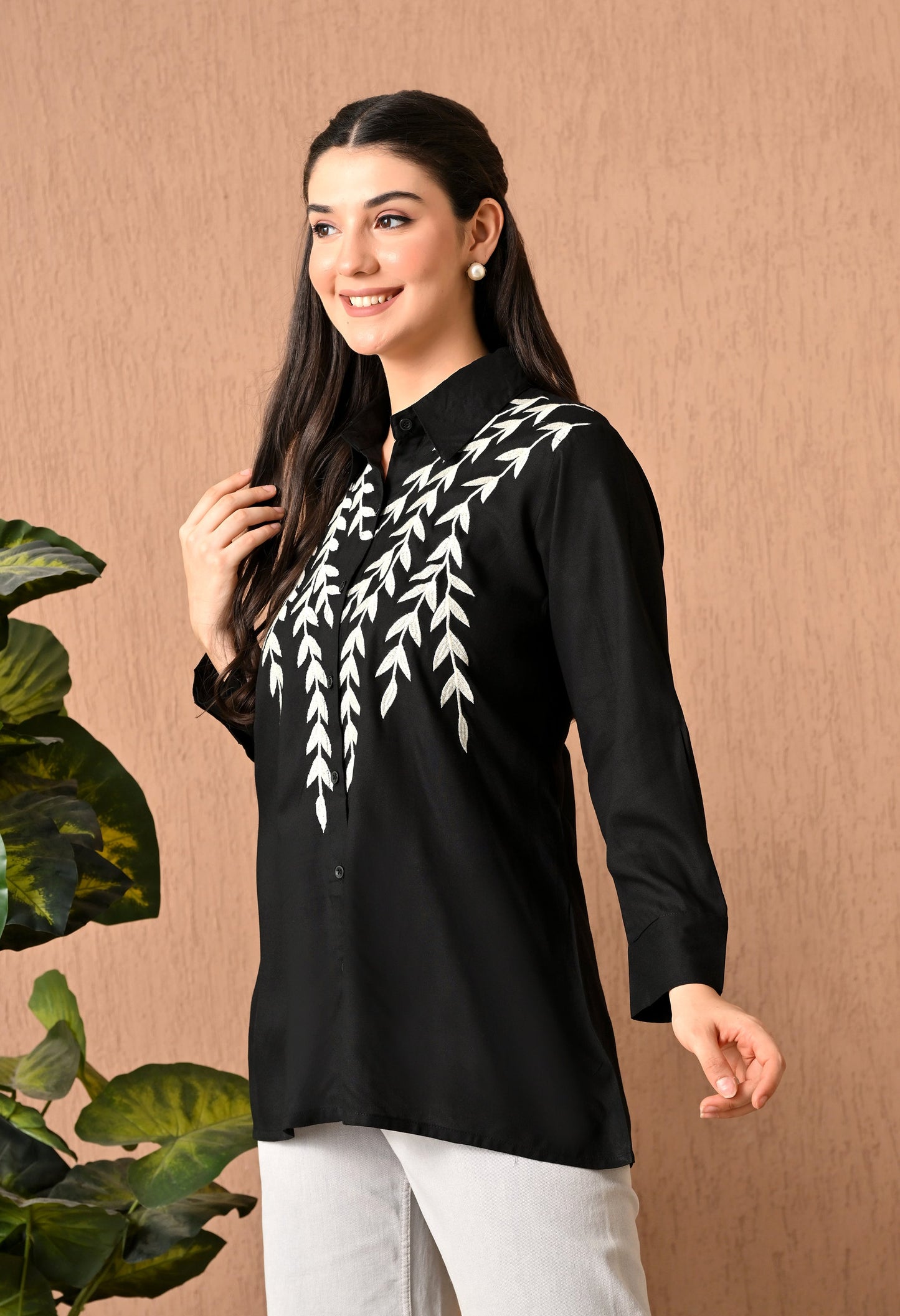 Elegant Black Cotton Thread Work Shirt