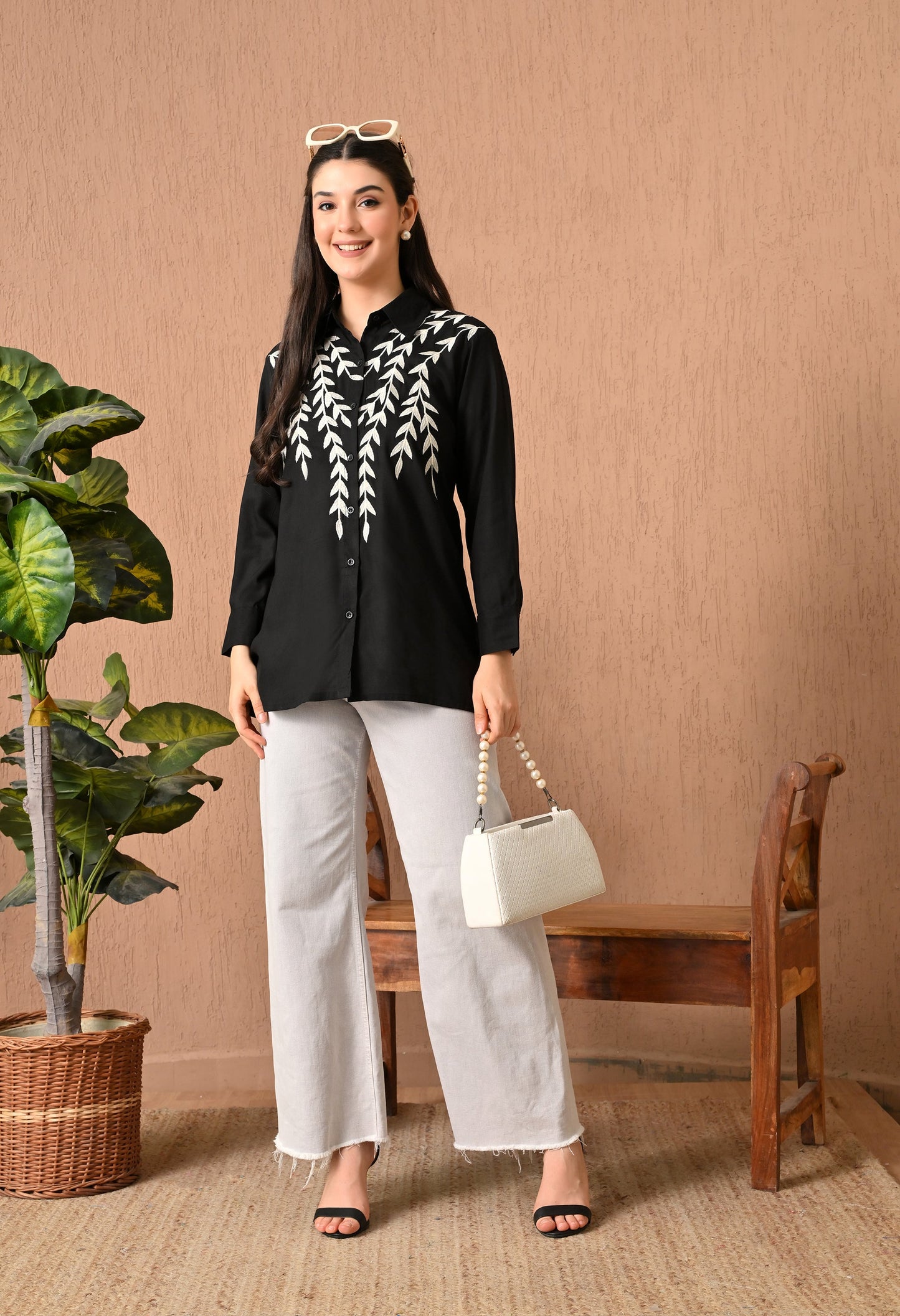 Elegant Black Cotton Thread Work Shirt