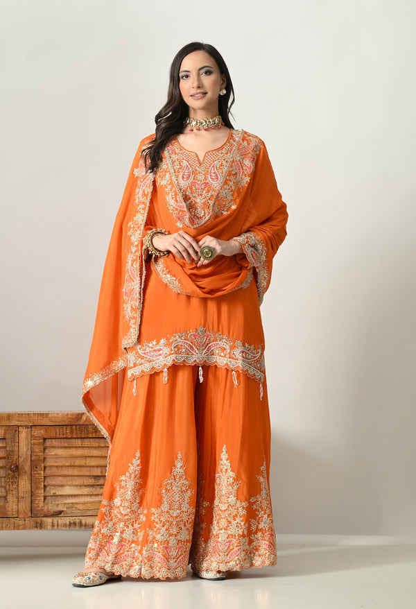 Sparkling Orange Crystal Sharara Set For Woman