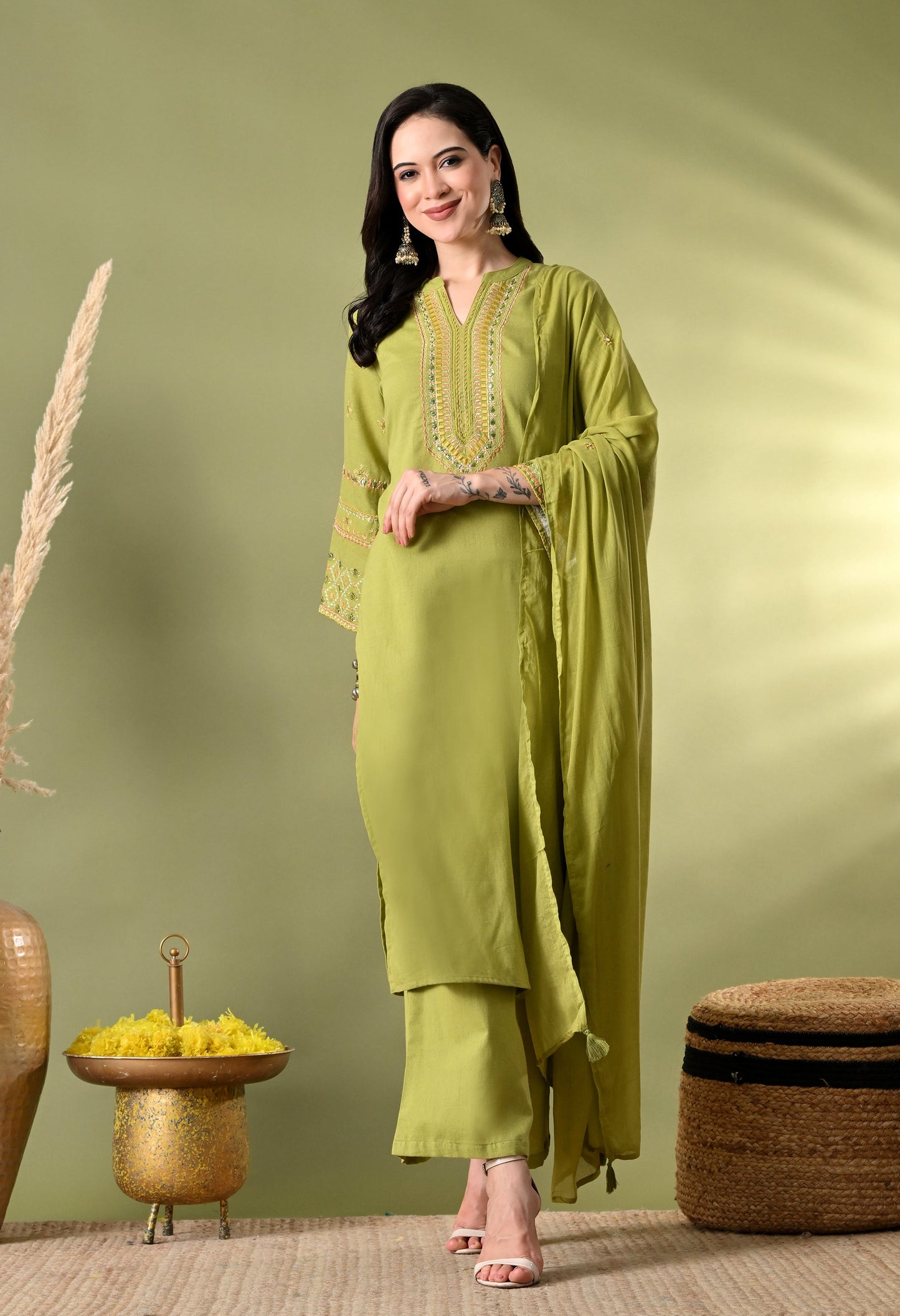 Graceful Green Pakistani Cotton Suit