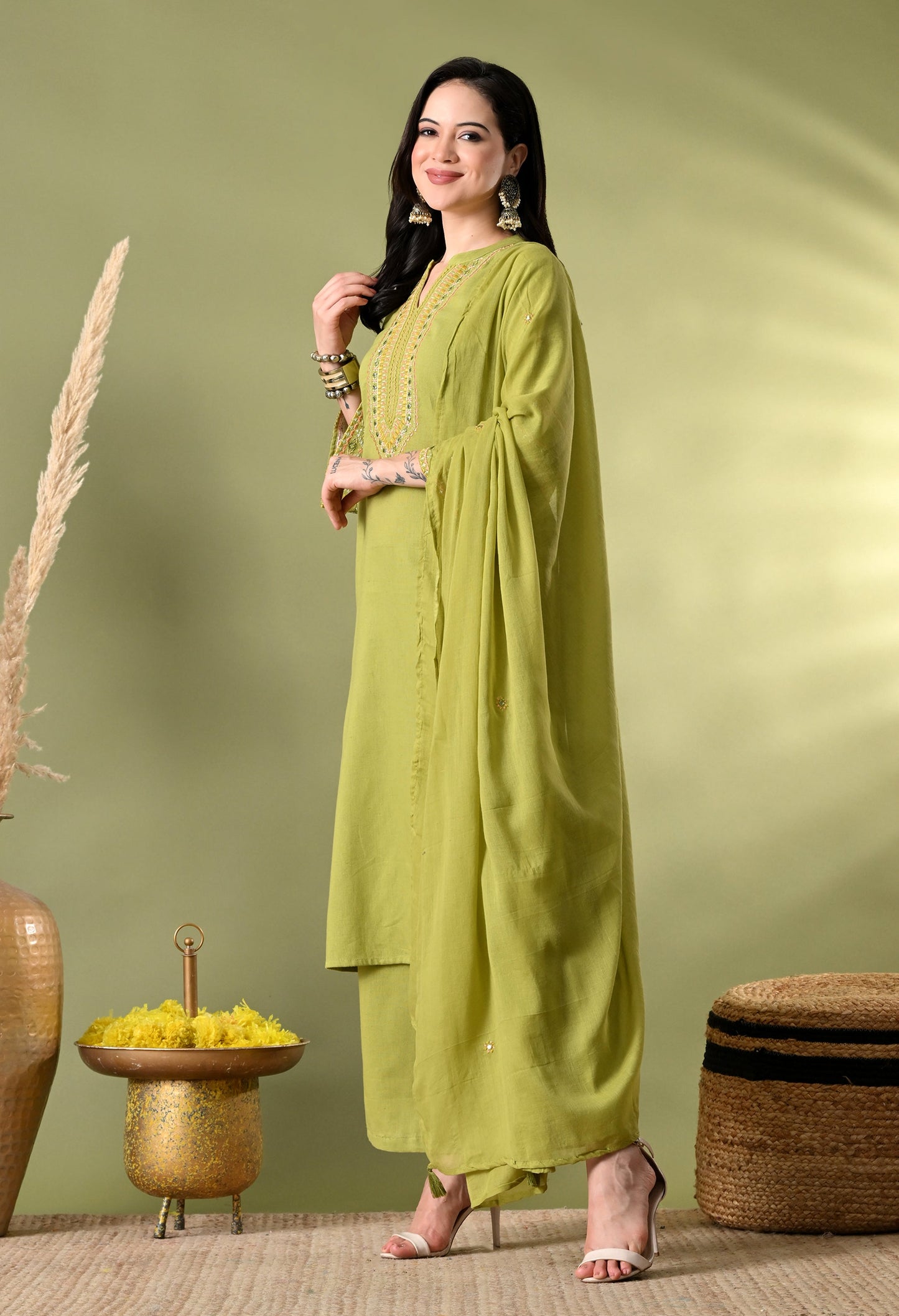 Graceful Green Pakistani Cotton Suit