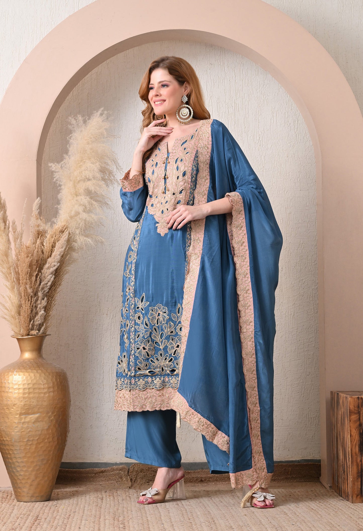 Blue Party Wear Crepe Suit with Tassels Dupatta