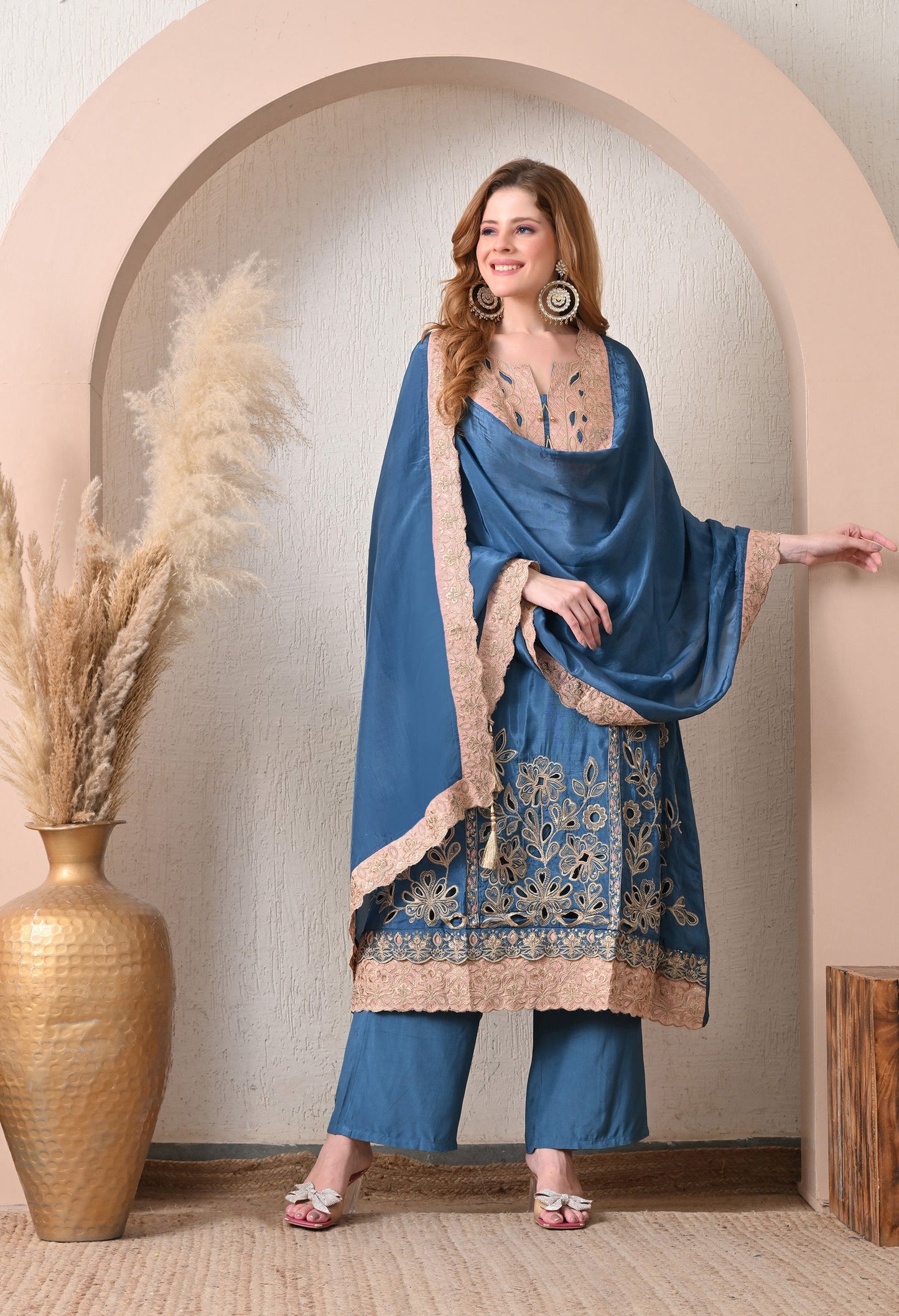 Blue Party Wear Crepe Suit with Tassels Dupatta