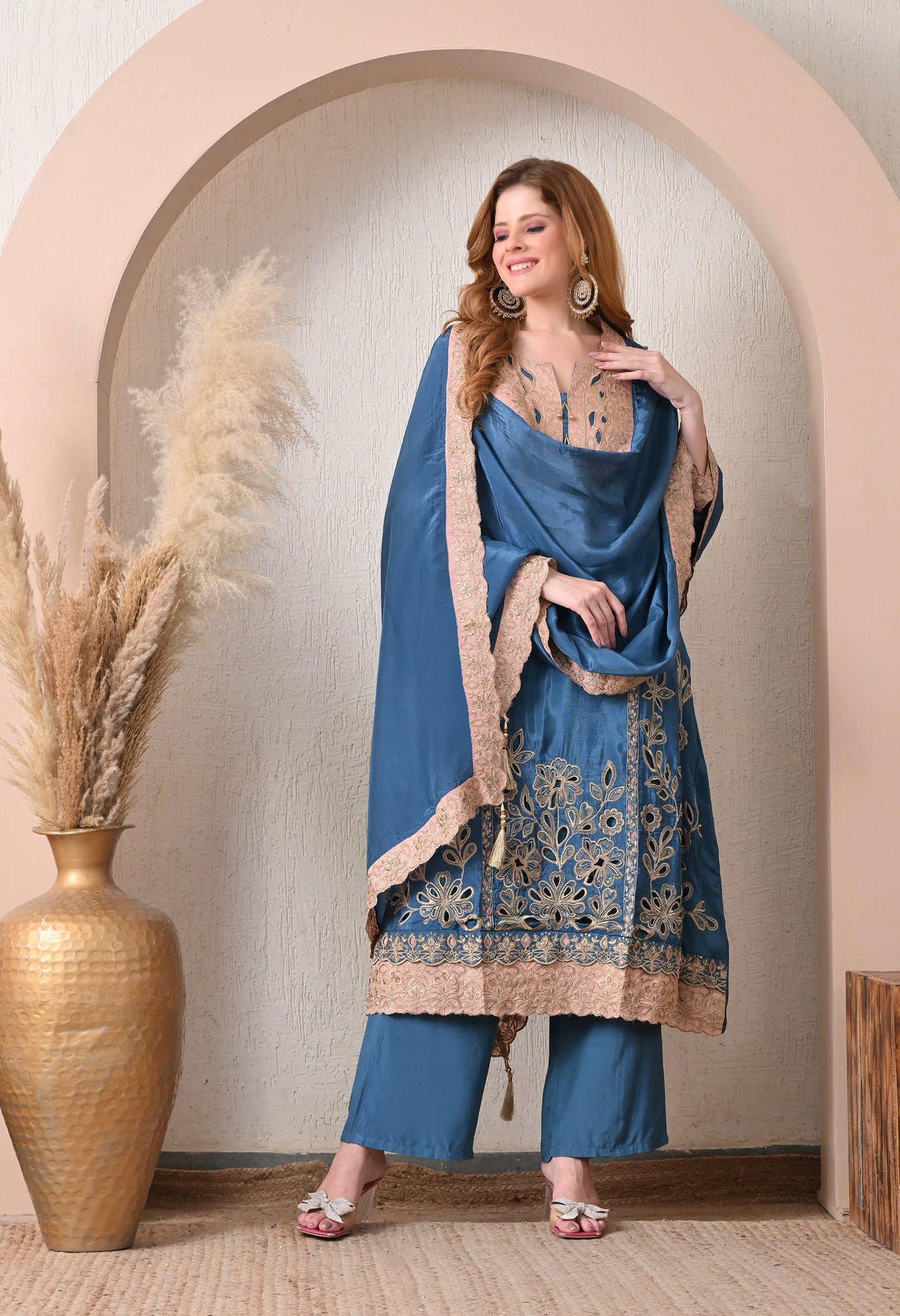 Blue Party Wear Crepe Suit with Tassels Dupatta