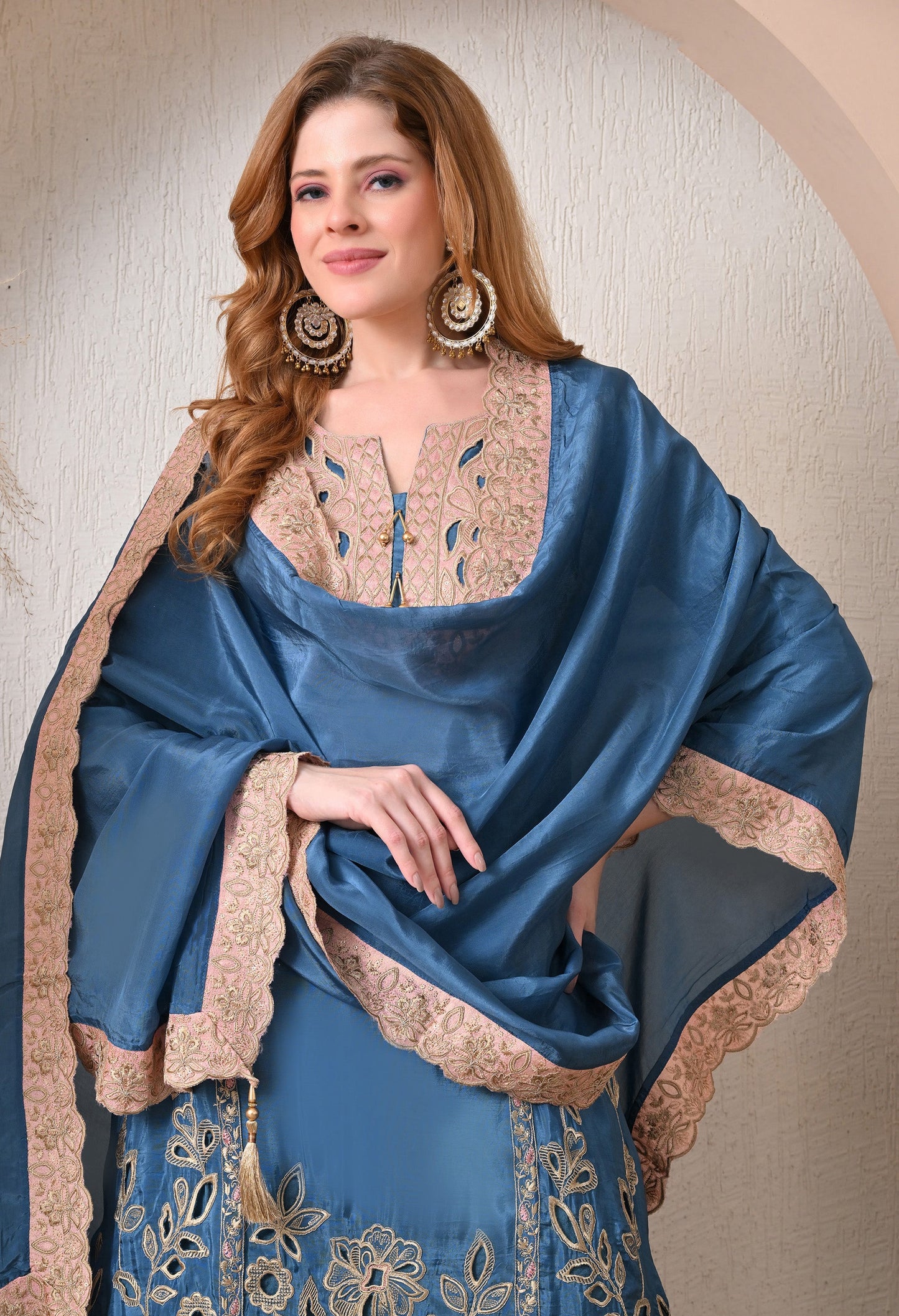 Blue Party Wear Crepe Suit with Tassels Dupatta
