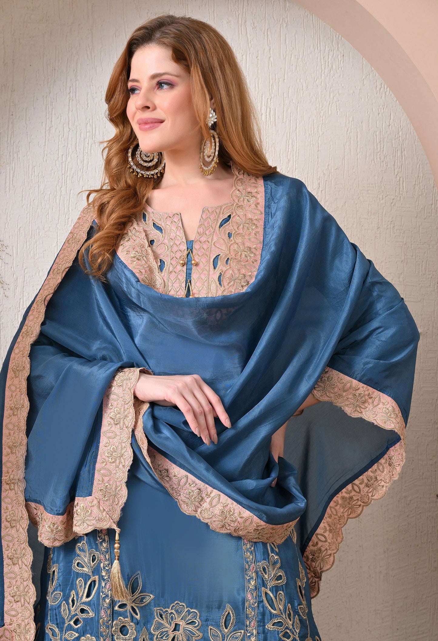 Blue Party Wear Crepe Suit with Tassels Dupatta