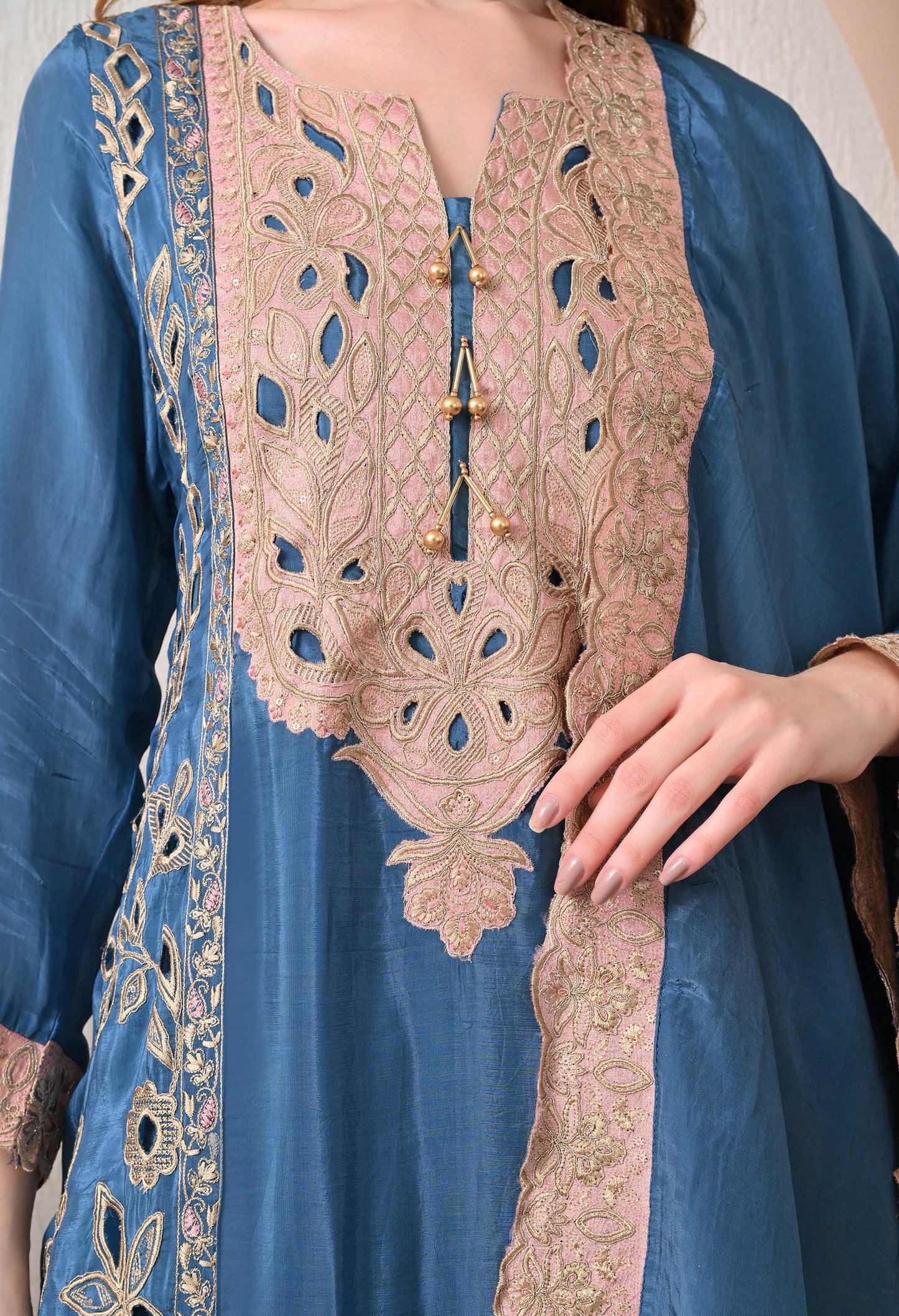 Blue Party Wear Crepe Suit with Tassels Dupatta
