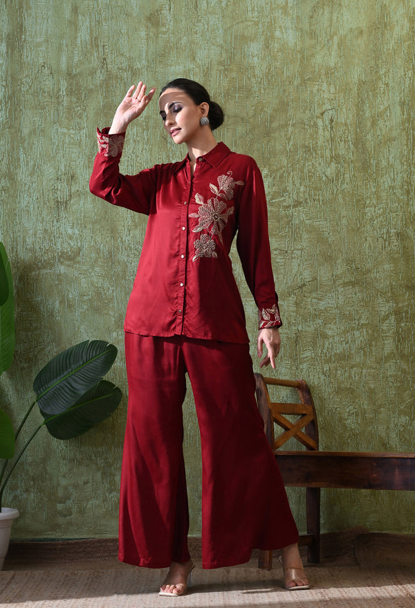 Sparkling Maroon Zari Co-ord Set For Woman