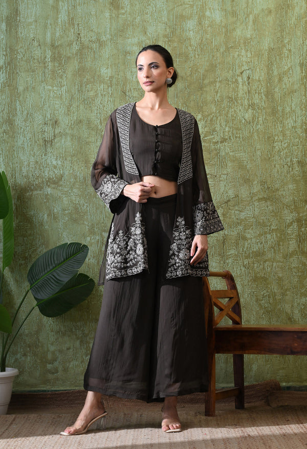Brown Organza Pearl Plazzo Set