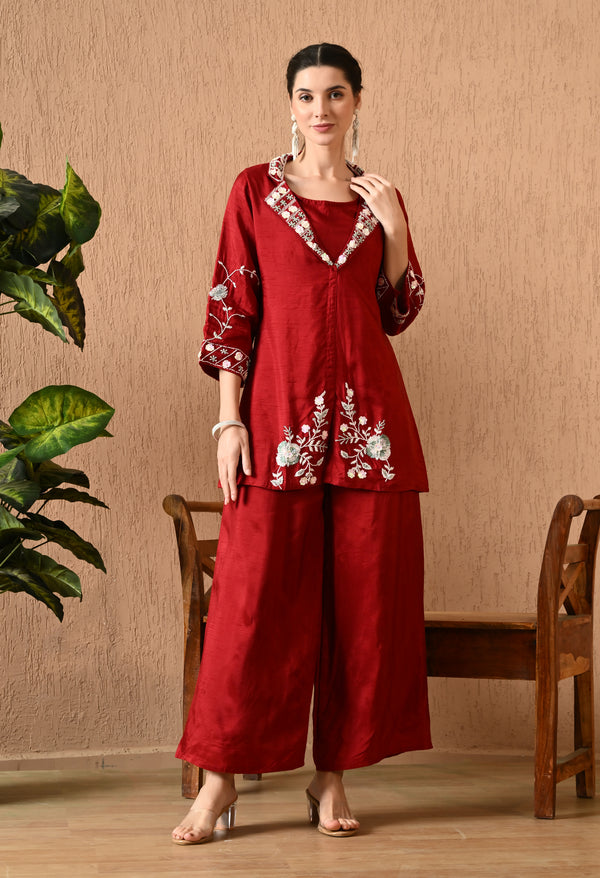Maroon Silk Co-Ord Set For Woman