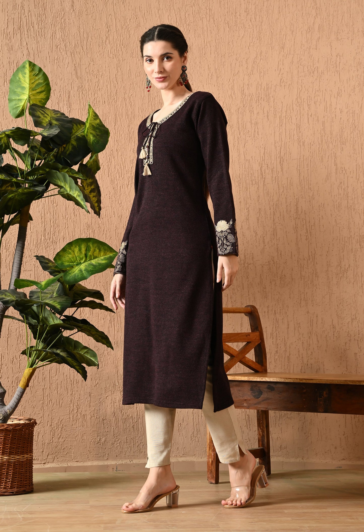Elegant Wine Daffodil Woolen Kurti