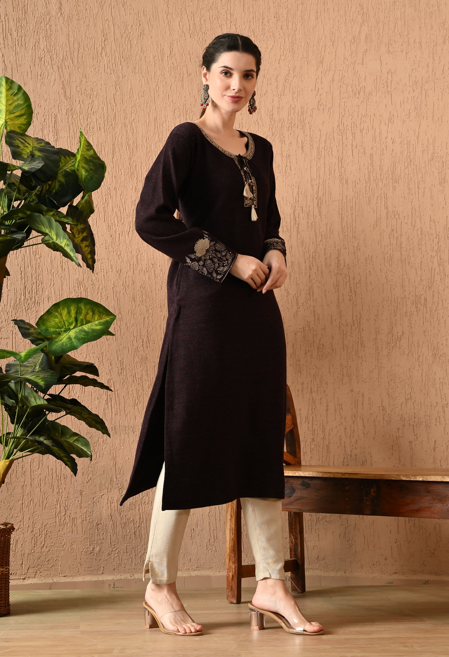 Elegant Wine Daffodil Woolen Kurti