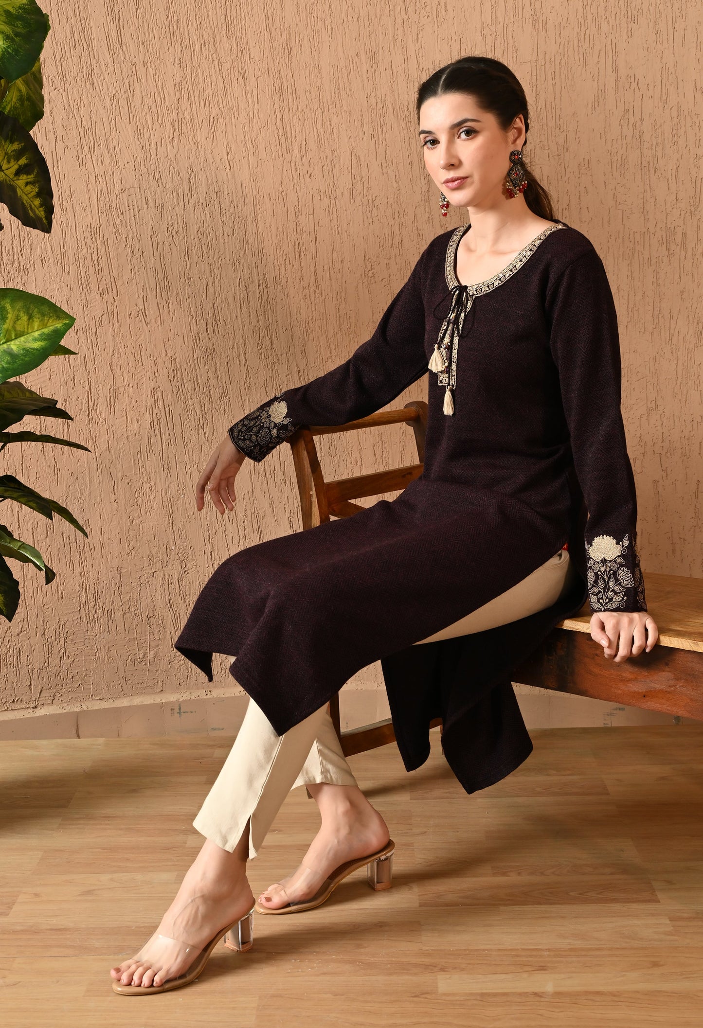 Elegant Wine Daffodil Woolen Kurti
