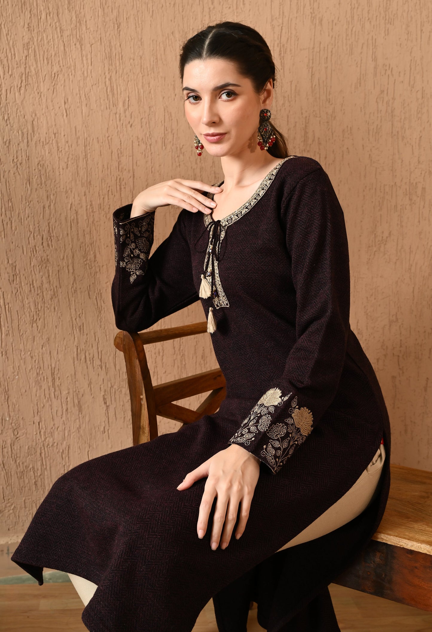 Elegant Wine Daffodil Woolen Kurti