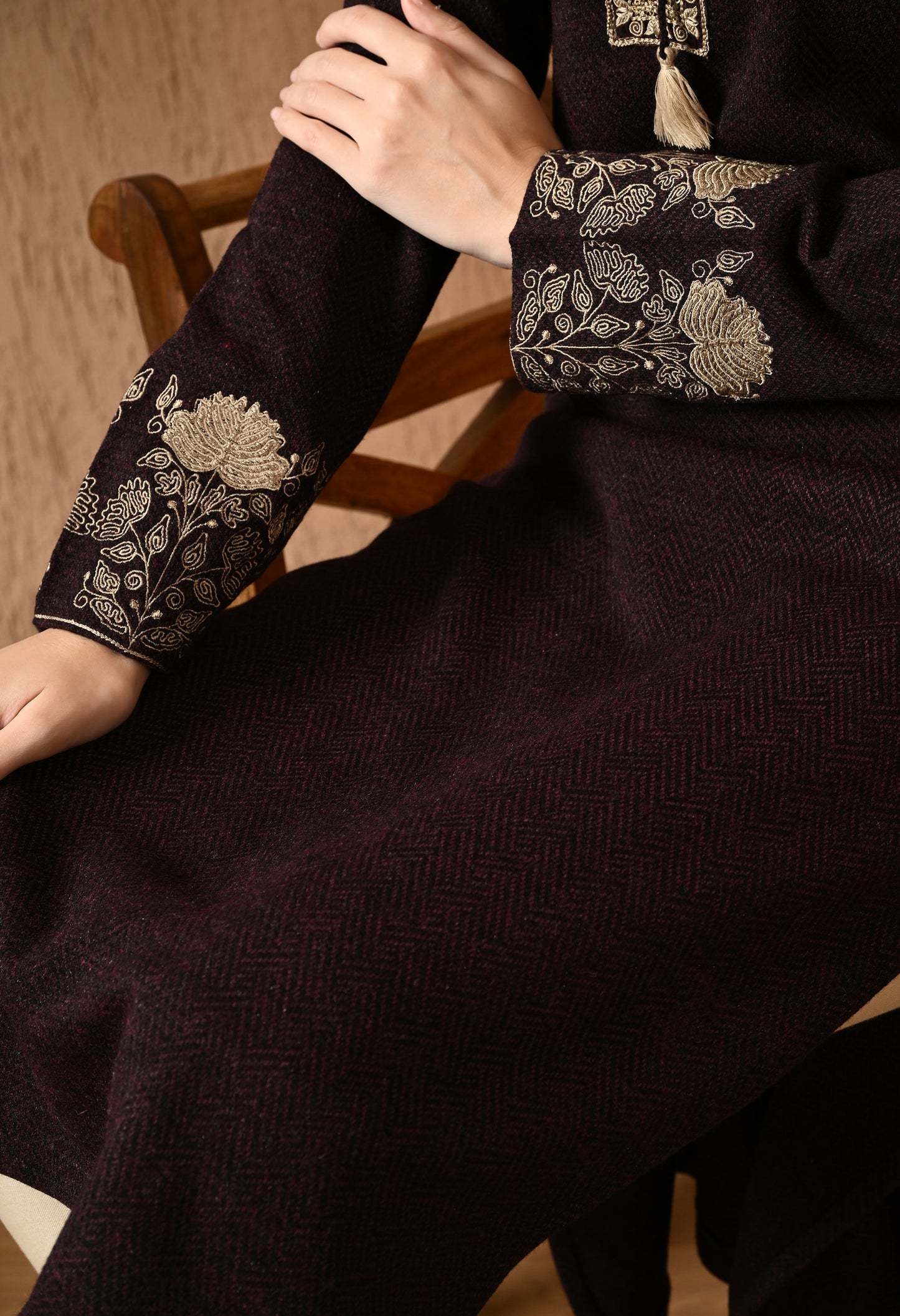 Elegant Wine Daffodil Woolen Kurti