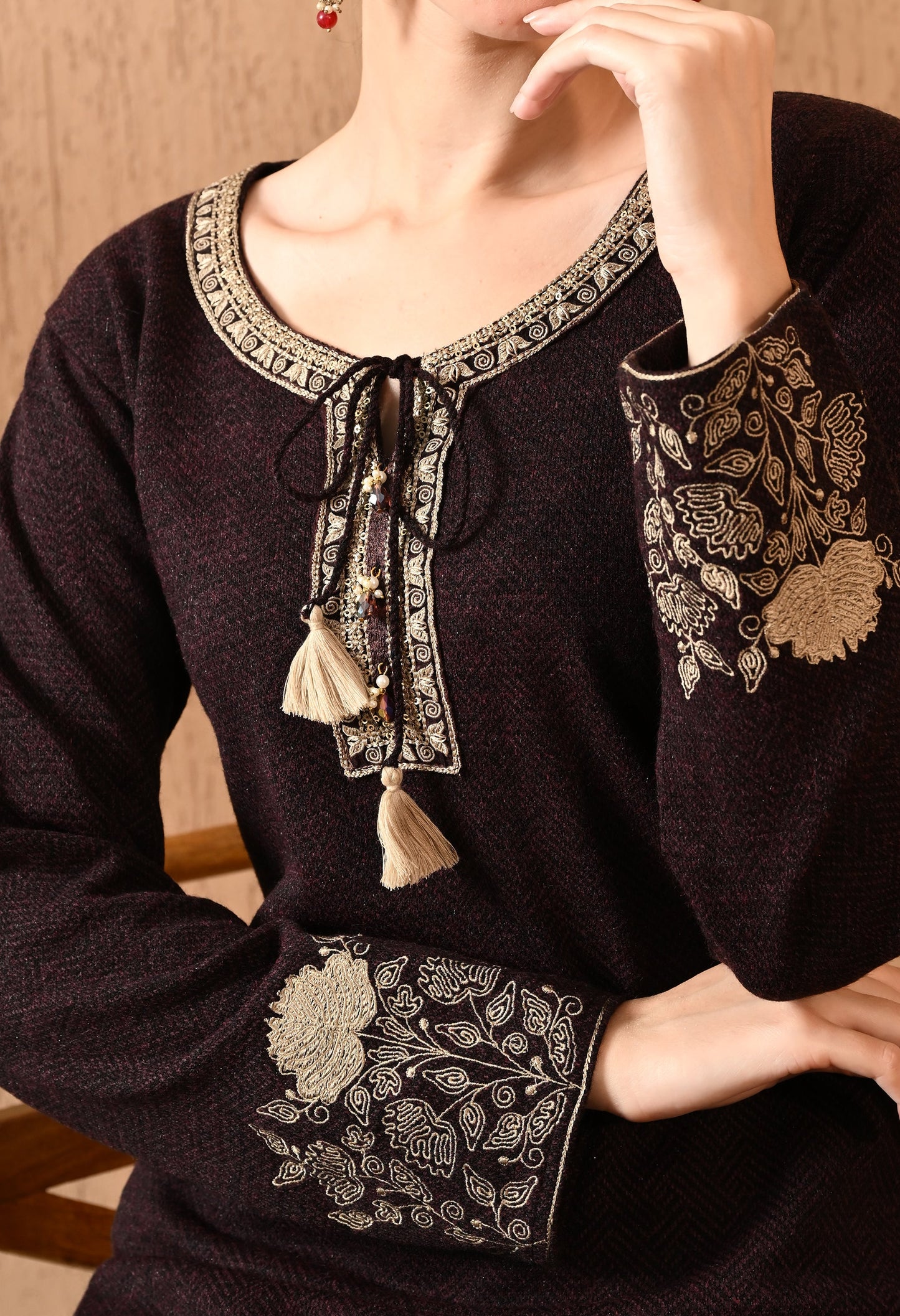 Elegant Wine Daffodil Woolen Kurti