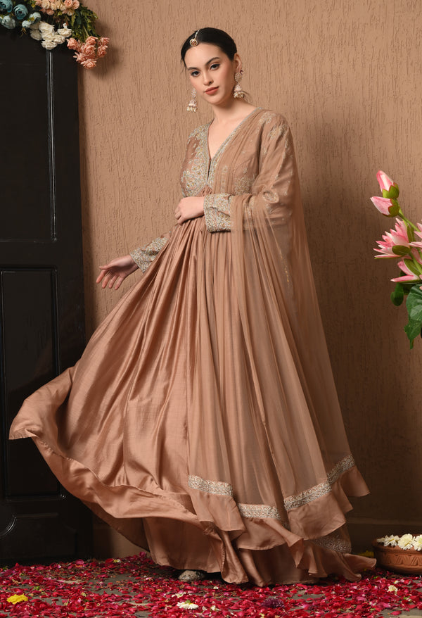 Pearl-Adorned Brown Evening Gown for woman