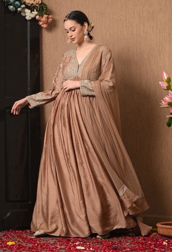 Pearl-Adorned Brown Evening Gown For Woman