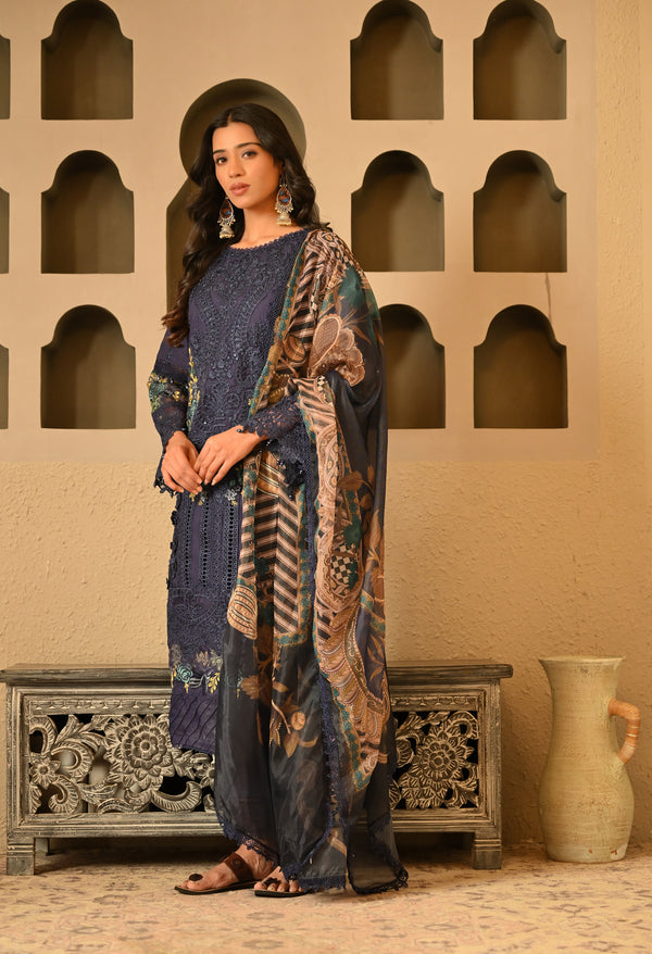 Blue Blossom Elegance Cotton Suit For Woman