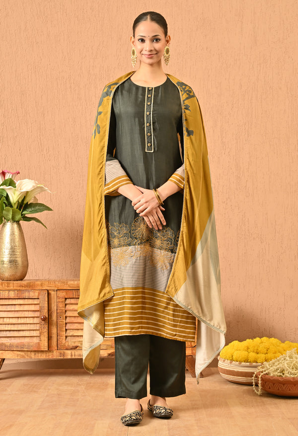 Elegant Greyish Green Silk Suit