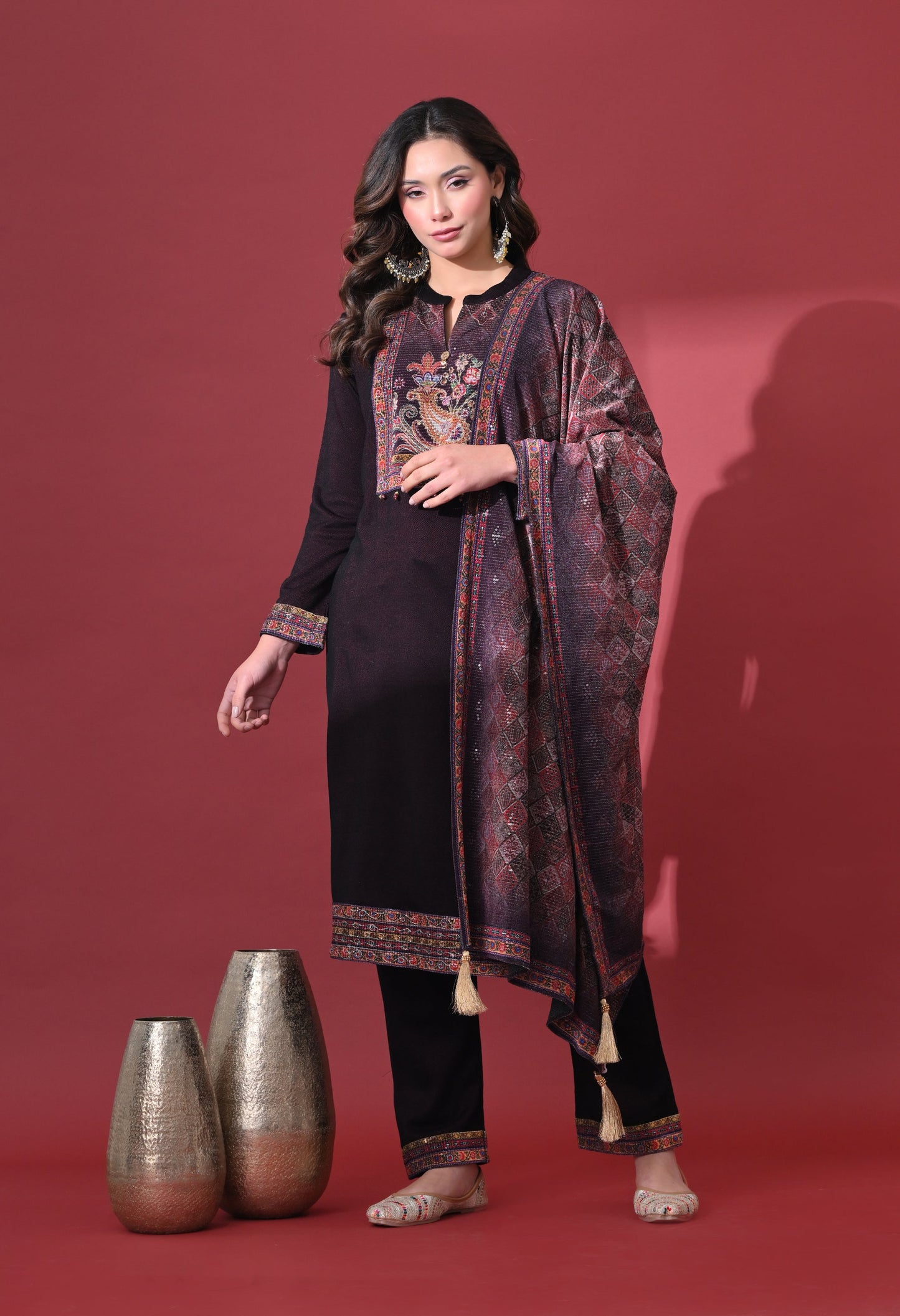 Wine Grace Woolen Kurta Set