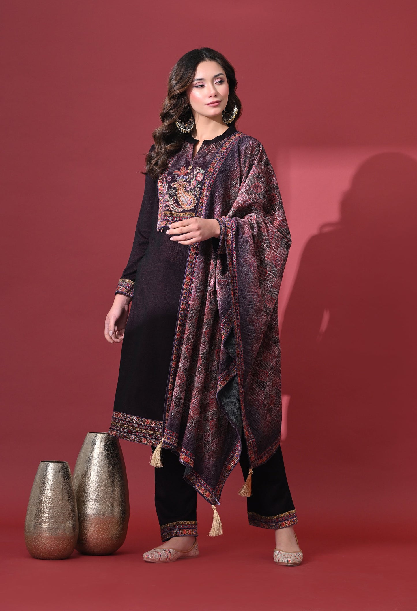 Wine Grace Woolen Kurta Set