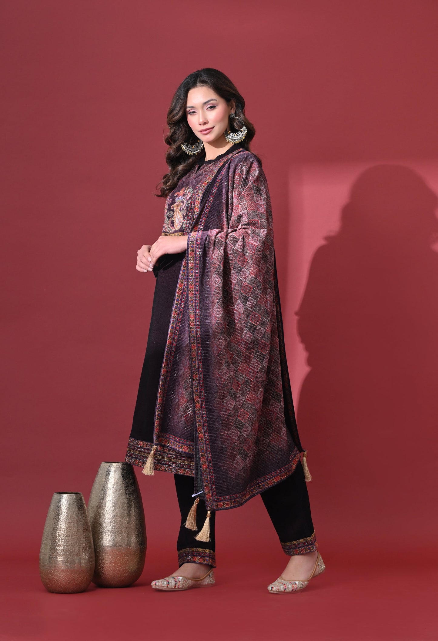 Wine Grace Woolen Kurta Set