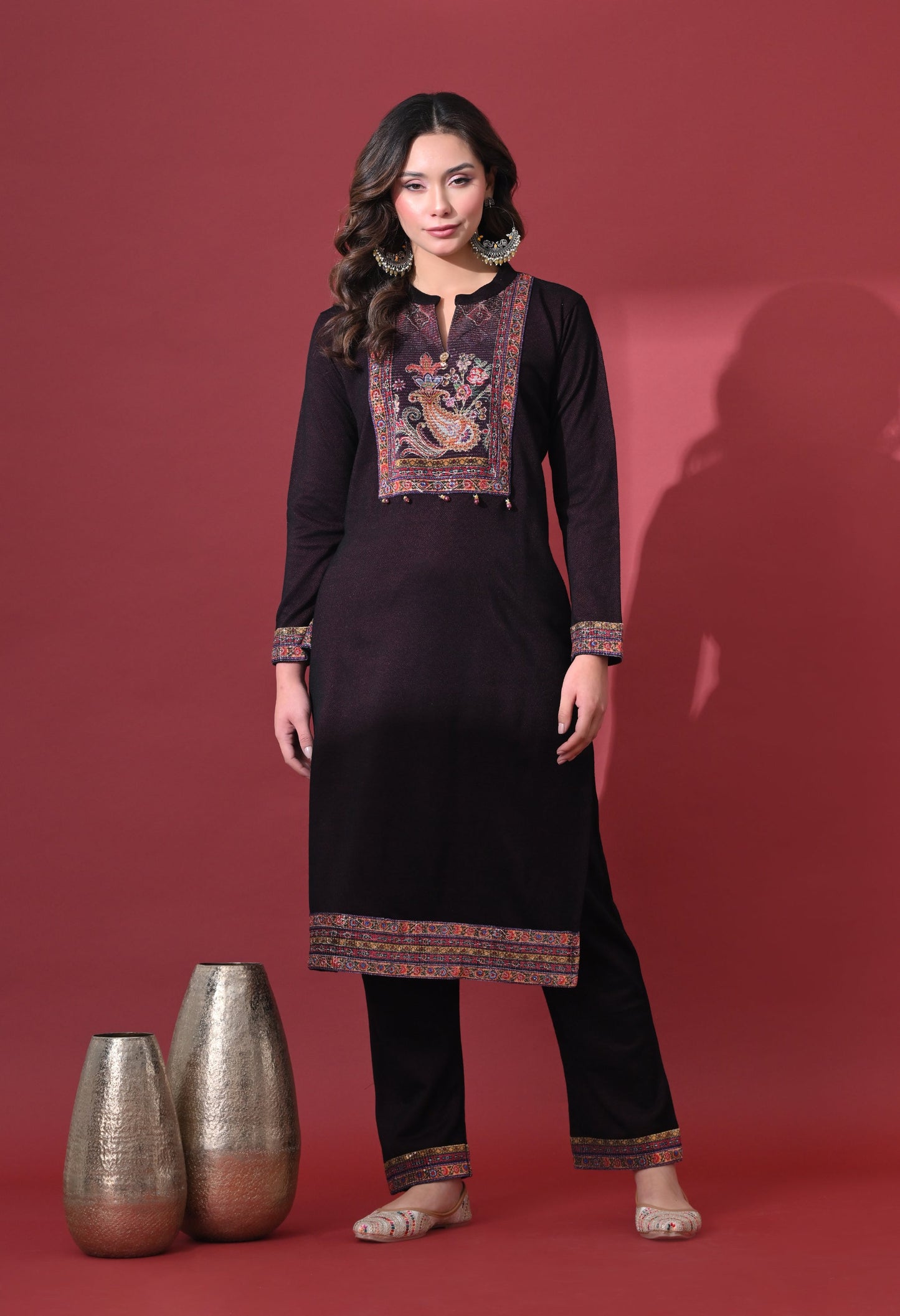 Wine Grace Woolen Kurta Set