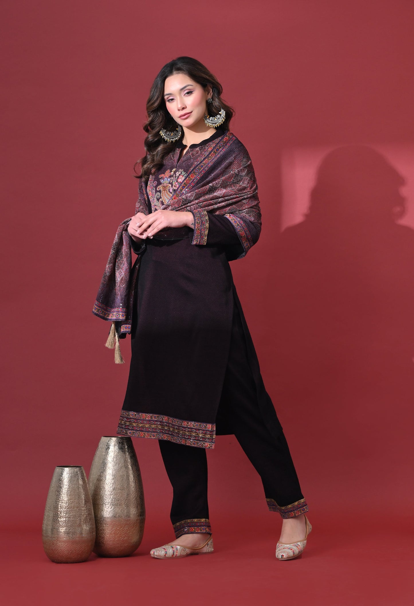 Wine Grace Woolen Kurta Set