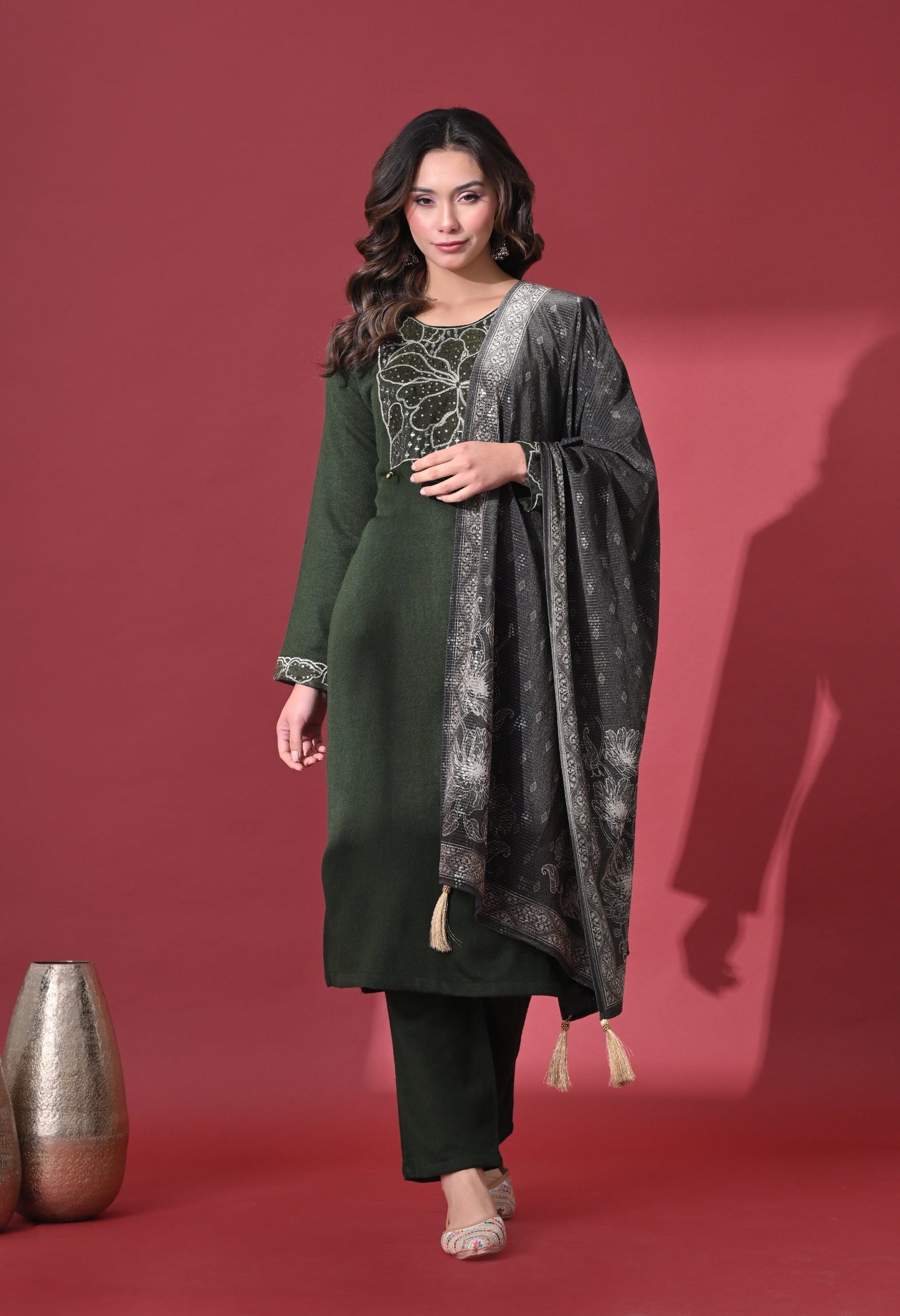 Mehandi Green Phulkari Touch Woolen Kurta Set