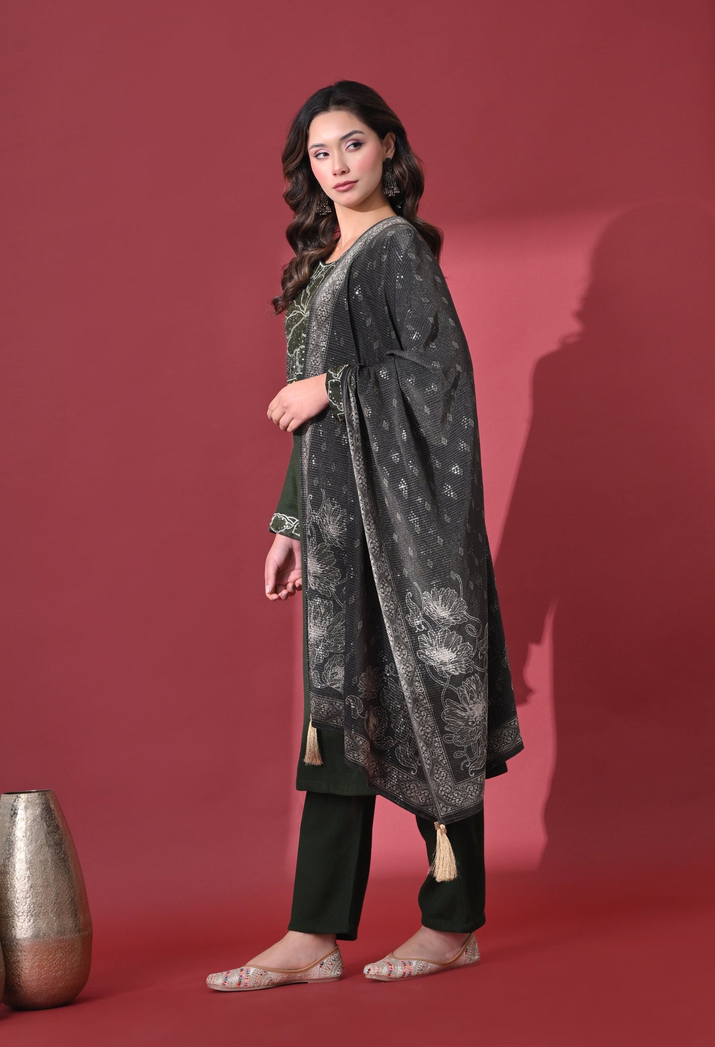 Mehandi Green Phulkari Touch Woolen Kurta Set