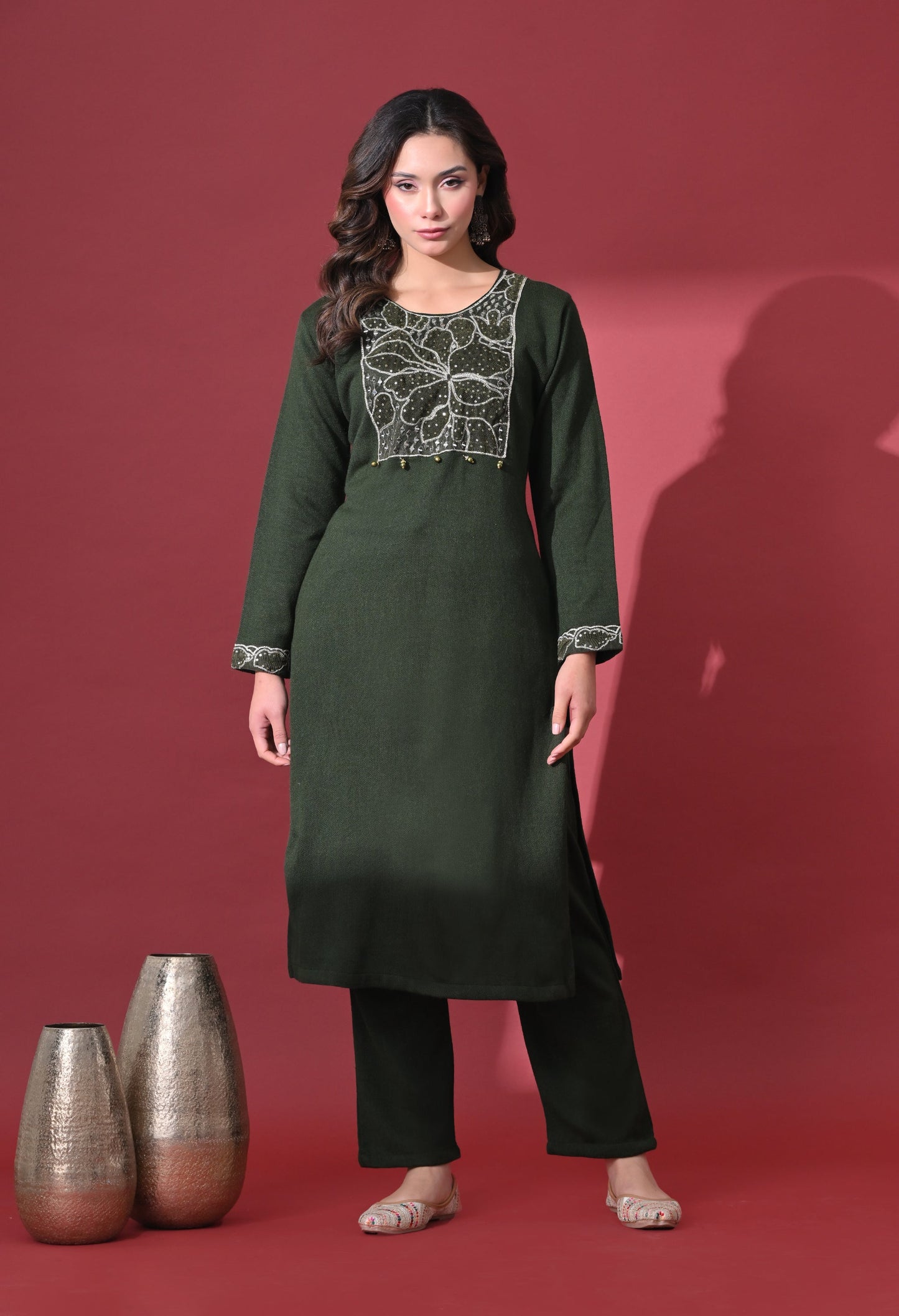 Mehandi Green Phulkari Touch Woolen Kurta Set